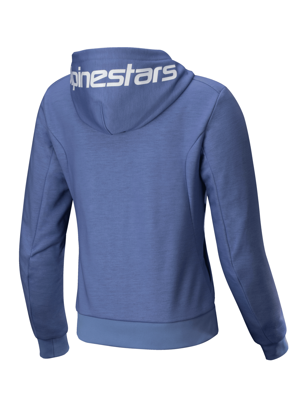 Alpinestars Stella Chrome V2 Sport Hoodie, sweat à capuche de moto pour femme, bleu violet et blanc, vue de dos avec logo sur la capuche, polaire technique.