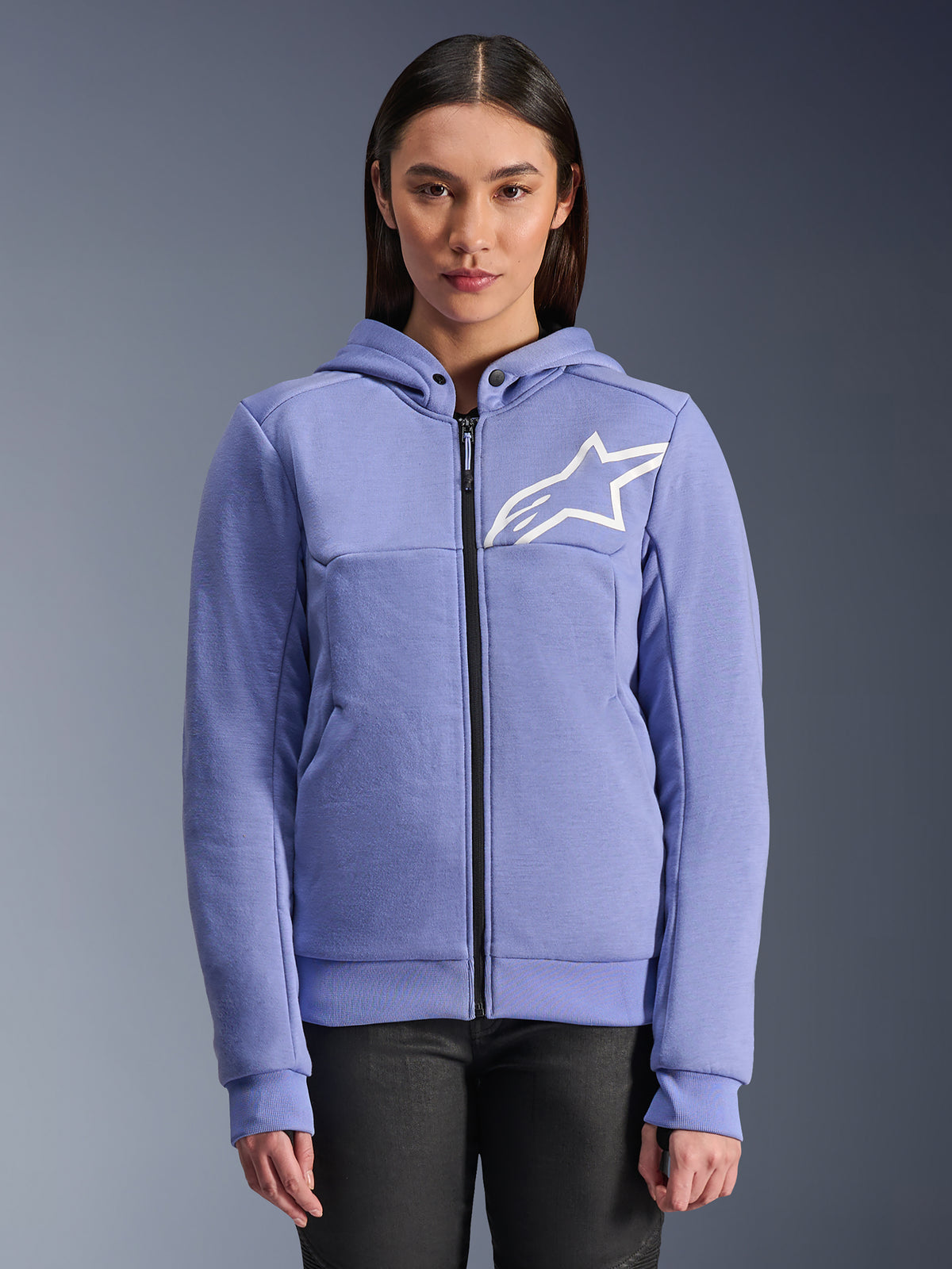 Alpinestars Stella Chrome V2 Sport Hoodie, sweat à capuche de moto pour femme, bleu violet avec logo étoile blanc, fermeture éclair frontale intégrale, fermeture de la capuche par boutons-pression, matière polaire technique pour la conduite urbaine, veste de moto de protection décontractée