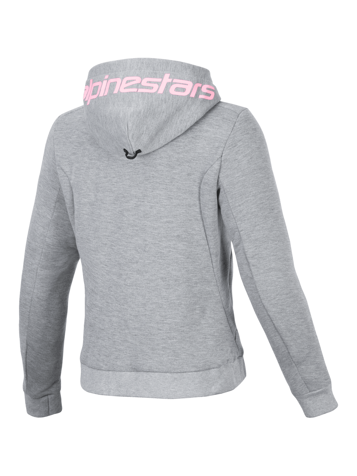 Alpinestars Stella Chrome V2 Sport Hoodie, sweat à capuche de moto urbain pour femme, gris chiné et rose fluo, vue de dos en polaire technique avec logo rose sur la capuche