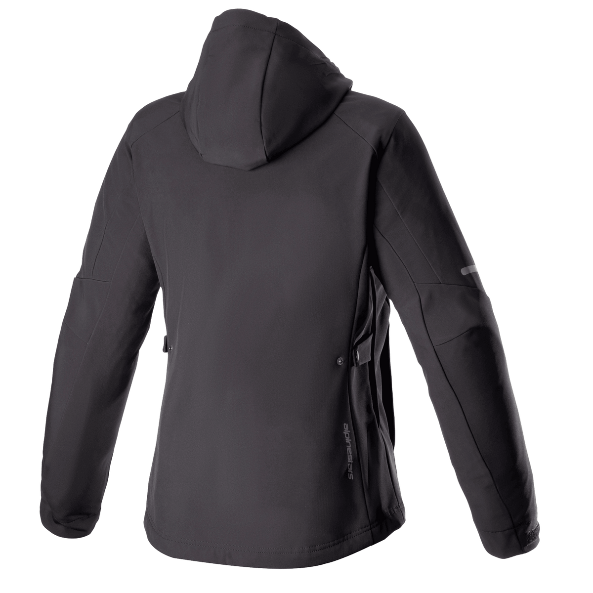 Alpinestars Stella Neo Wasserdichte Kapuzenjacke für Damen, Rückansicht, Schwarz Schwarz, mit technischer Softshell-Konstruktion, abnehmbarer Kapuze, dezentem vertikalen Branding am unteren Rücken und einer stromlinienförmigen, frauenspezifischen Passform für Fahrten in der Stadt.