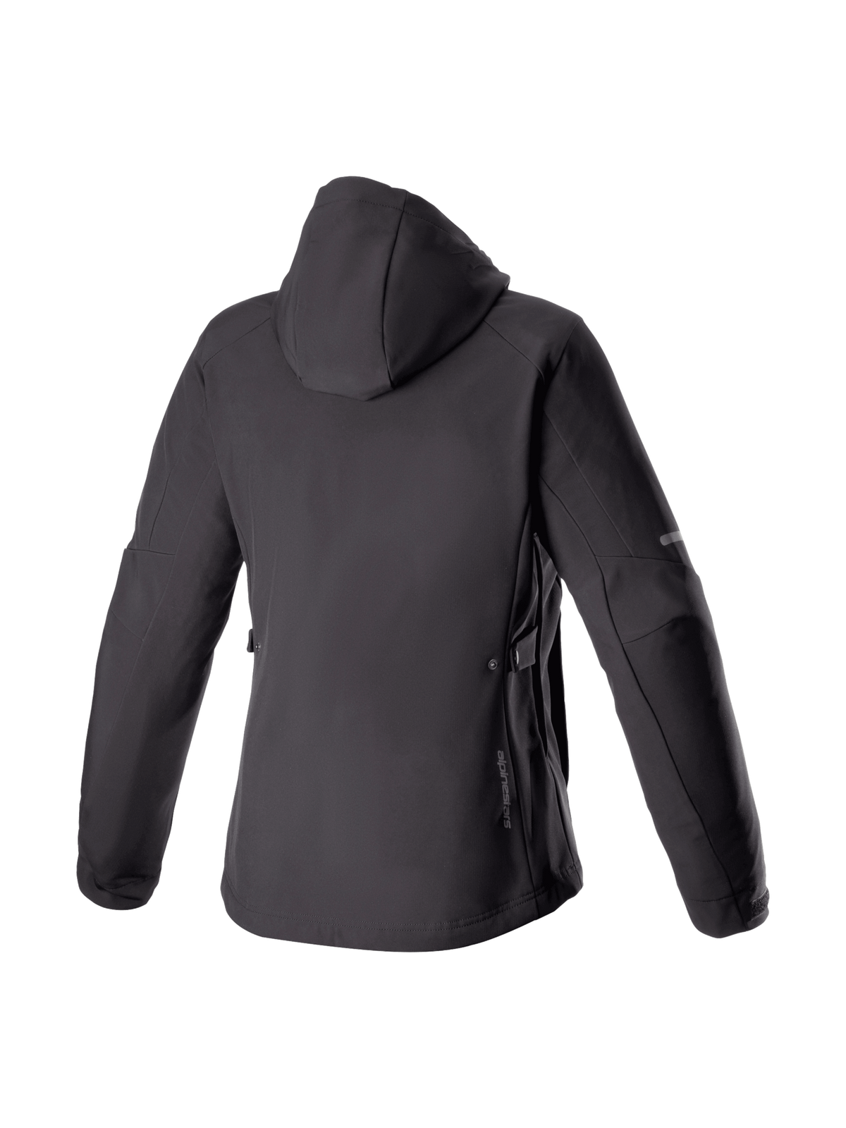 Alpinestars Stella Neo, veste à capuche imperméable de moto noire pour femme, softshell extensible, vue de dos.