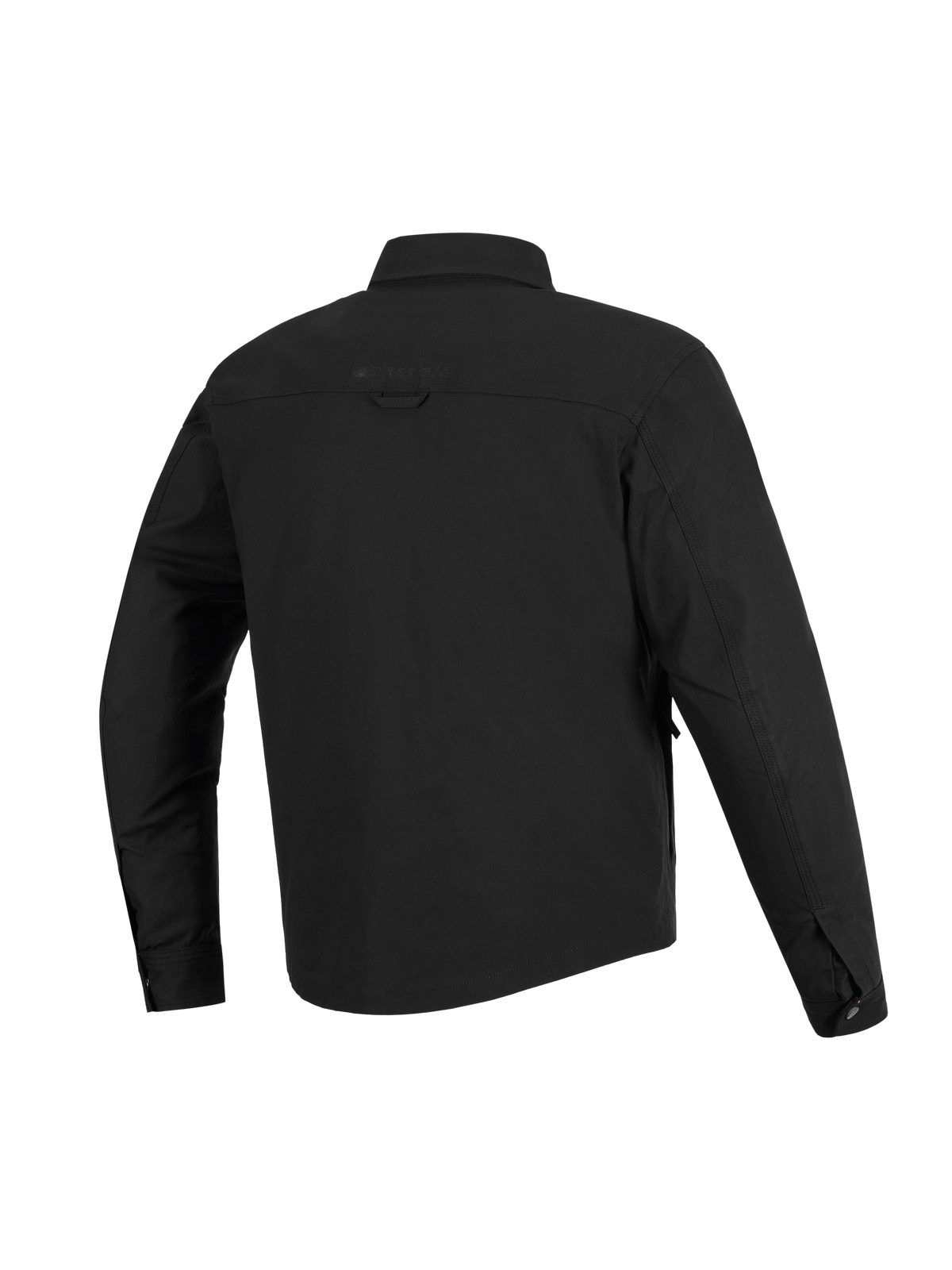 Alpinestars Bryon Water Resistant Overshirt, Schwarz, Rückansicht, strapazierfähige Konstruktion aus gewachstem Canvas, horizontale Schulterpasse, Aufhängeschlaufe am Rücken, leicht verlängertes Rückenteil für besseren Schutz beim Motorradfahren