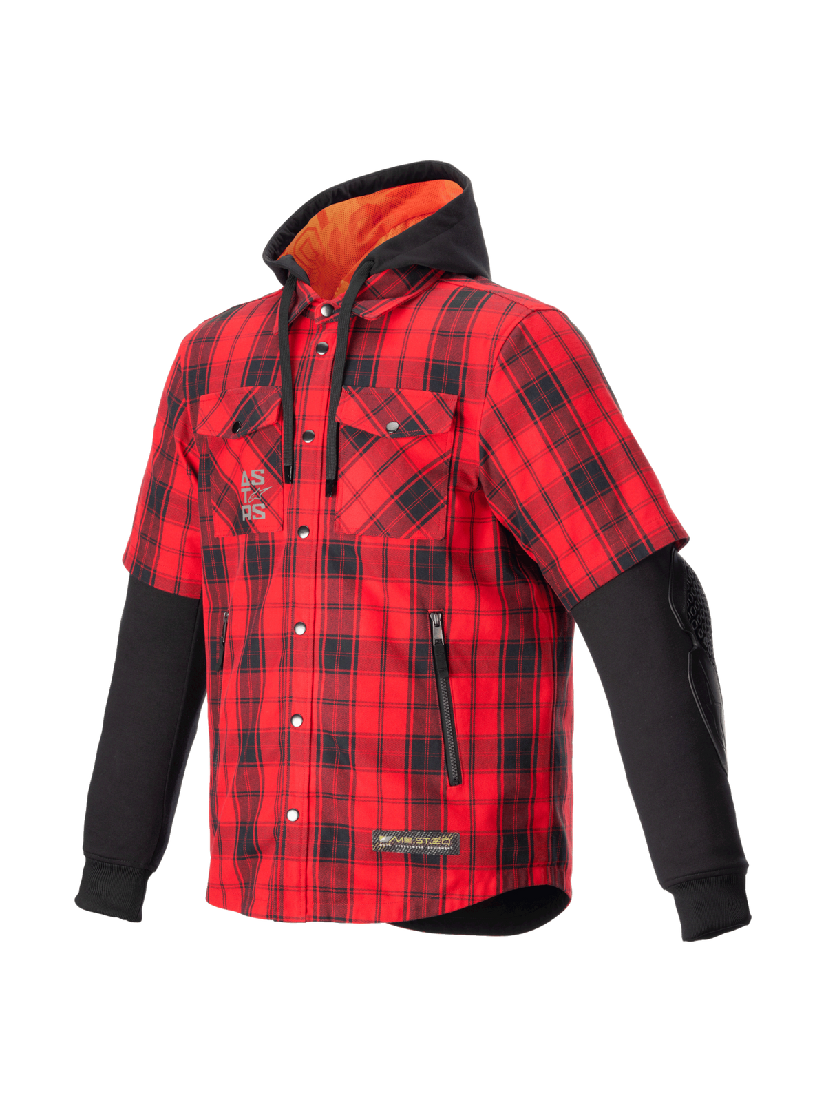 Alpinestars MO.ST.EQ Tartan Shirt, urban herenmotorjas, rood en zwart geruit, met hoodie en CE-gecertificeerde bescherming.