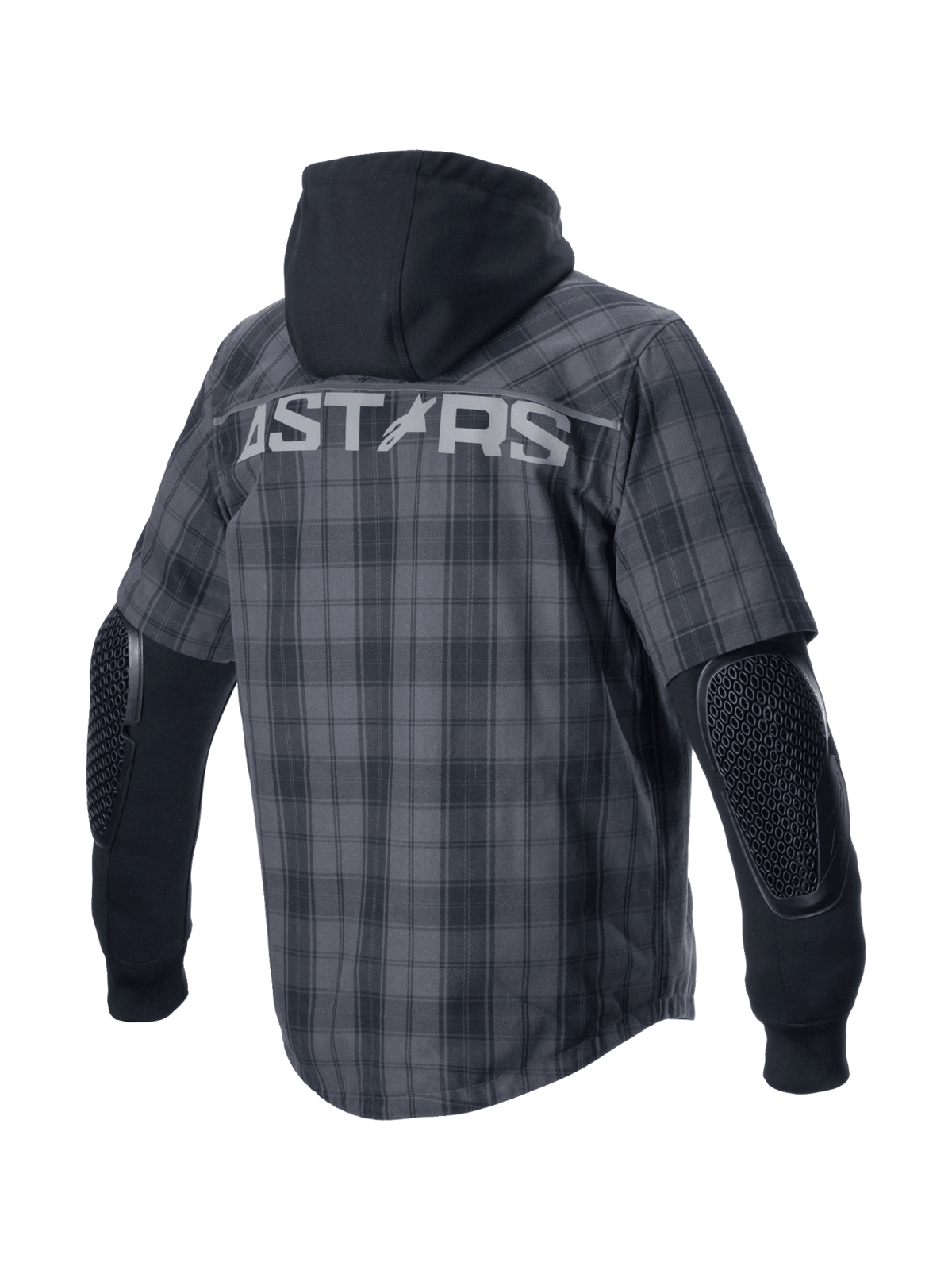 Chemise Alpinestars MO.ST.EQ Tartan, surchemise de moto urbaine pour homme, grise et noire, vue de dos avec logo ASTARS et protections de coudes Nucleon Flex Plus exposées
