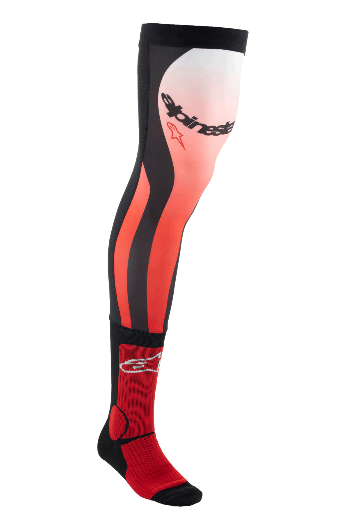 Alpinestars Knee Brace Socks, lange motorcross-rijdsokken, felrood, wit en zwart, kniehoog technisch ontwerp met kleurverloop en opvallende branding, geribbelde textuur voor een stevige pasvorm, speciaal ontwikkeld voor gebruik met off-road laarzen en kniebraces