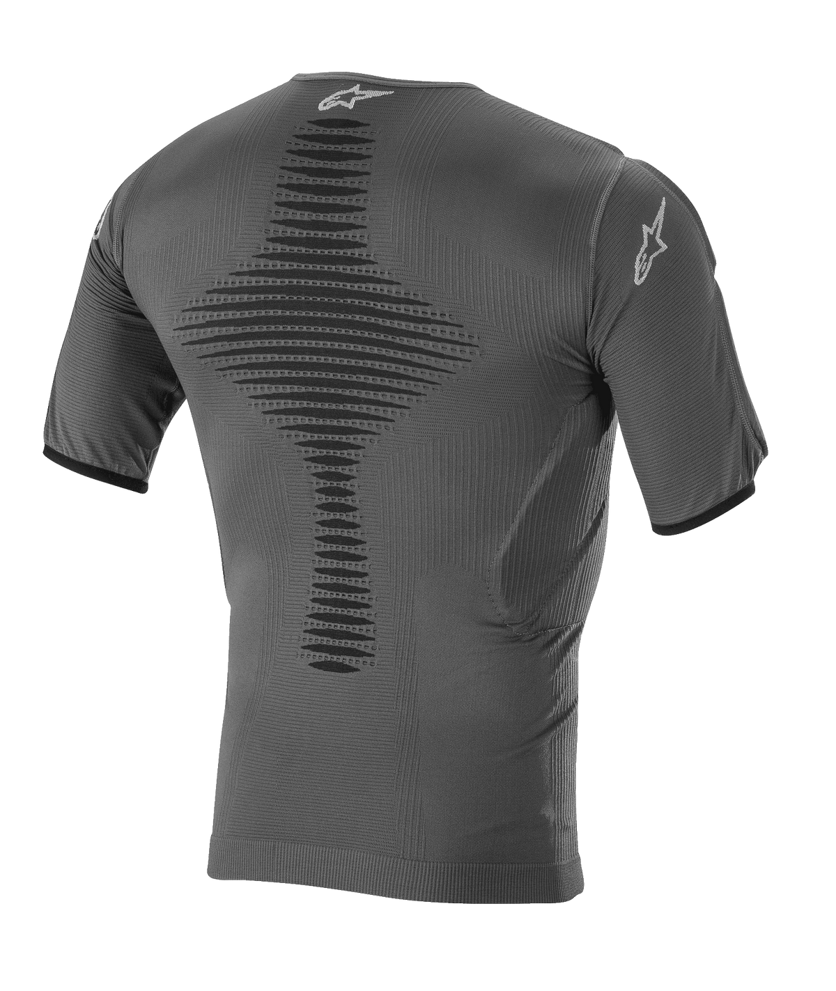 Haut de couche de base Alpinestars Roost, couche de base de motocross, noir anthracite, vue de dos présentant une construction tricotée respirante, une zone de ventilation centrale texturée, des manches courtes et le logo étoile Alpinestars sur le col et la manche