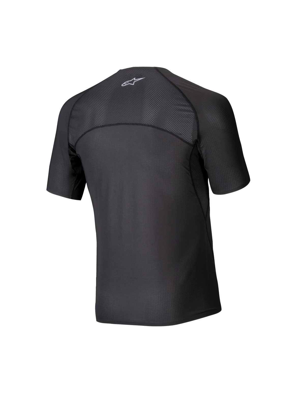 Alpinestars Tech KX Sim Top, couche de base de karting à manches courtes, noir, vue de dos montrant les panneaux en maille respirante sur les épaules et le haut du dos, coutures ergonomiques, tissu de performance évacuant l'humidité