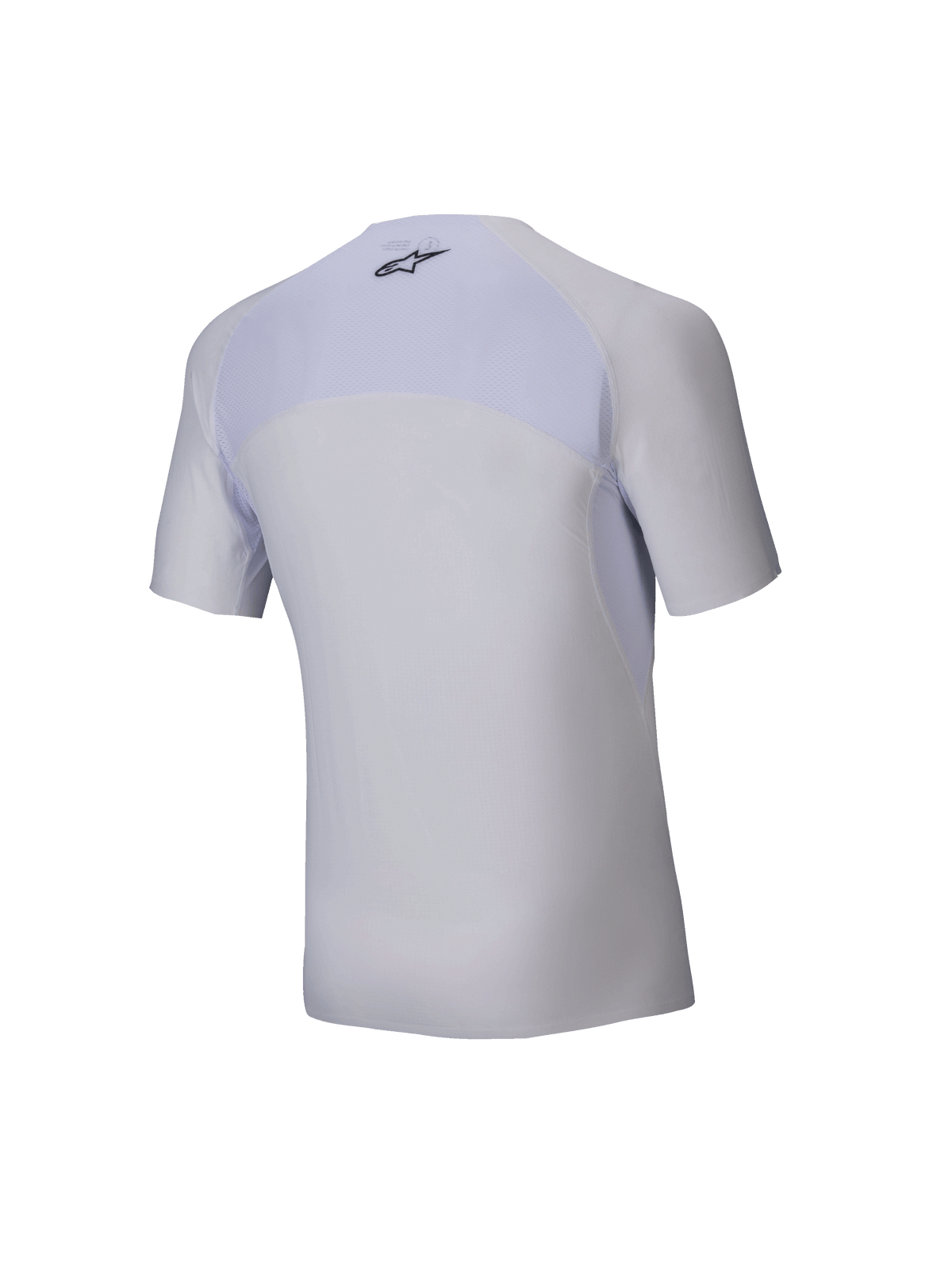 Alpinestars Tech KX Sim Top - Korte Mouwen, witte karting basislaag, achteraanzicht, ademend mesh paneel op de bovenrug, zwart Alpinestars logo in de nek, ergonomisch stretchmateriaal voor raceprestaties