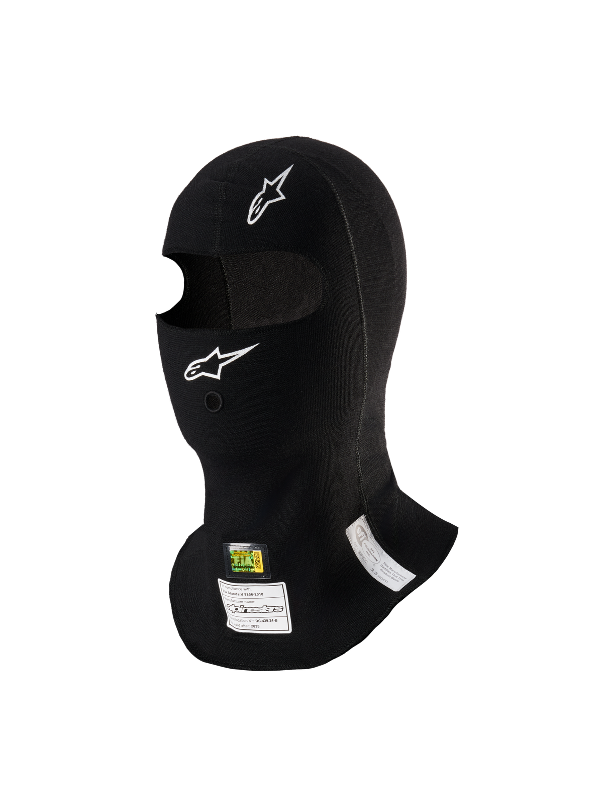 Alpinestars ZX Evo V3 Bivakmuts, zwart, vlamvertragende bivakmuts voor de autosport, voorzien van witte Alpinestars-logo's, opening voor een hydratatieslang en FIA/SFI-homologatielabels, lichtgewicht en ergonomisch ontwerp voor motorsportgebruik