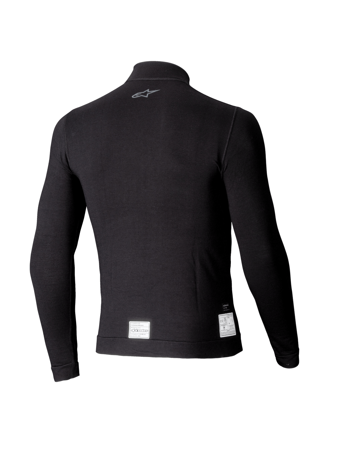 Haut à manches longues Alpinestars ZX Evo V3, sous-vêtement technique de course automobile noir, vue de dos avec un petit logo gris sur la nuque et des étiquettes de certification FIA/SFI blanches sur l'ourlet inférieur, conception légère et résistante aux flammes.