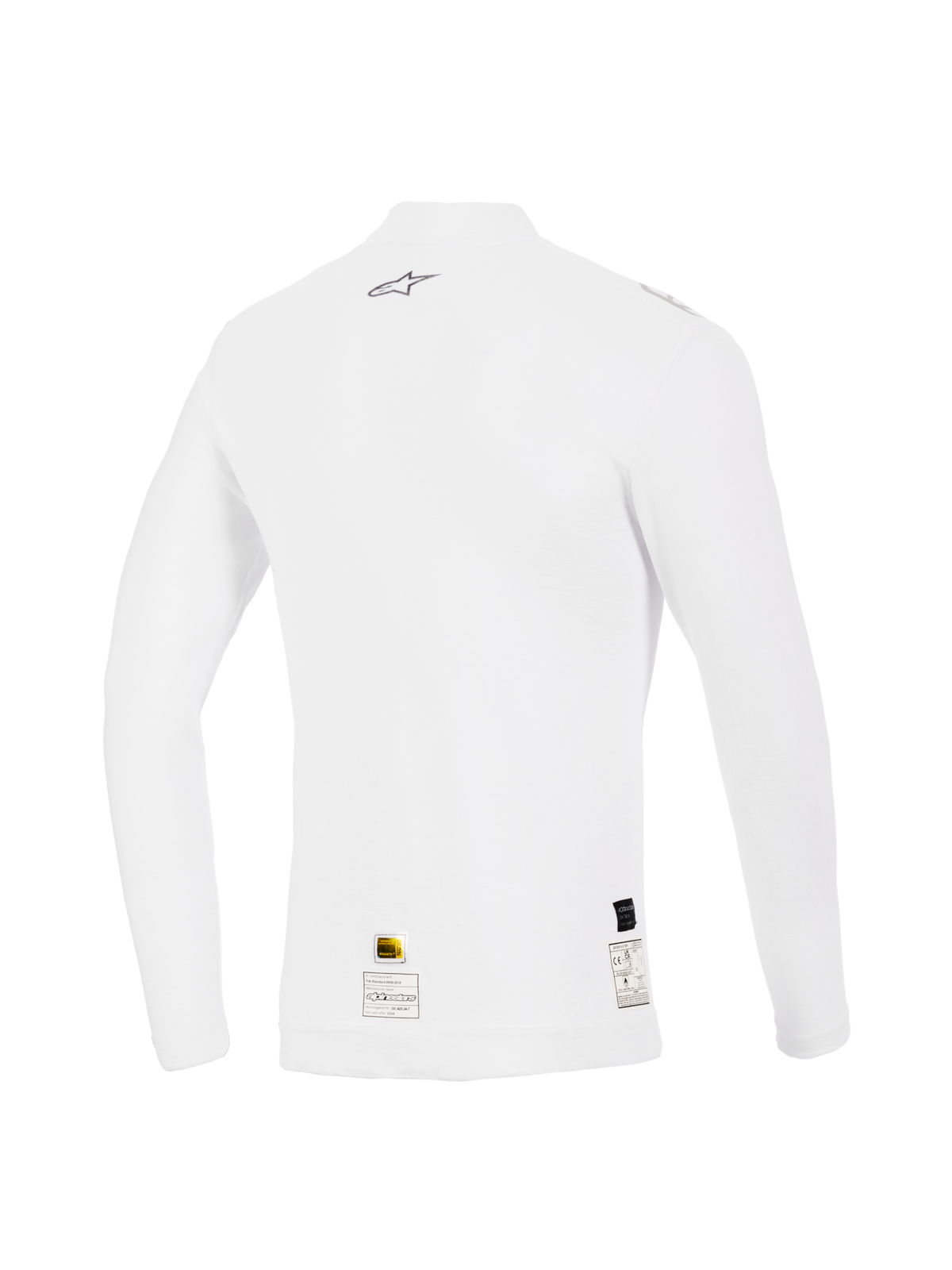 Haut à manches longues Alpinestars ZX Evo V3, blanc, vue arrière, sous-vêtement technique de course automobile résistant aux flammes avec petit logo Alpinestars gris en haut du dos et étiquettes d'homologation à l'ourlet, coupe performance et texture douce