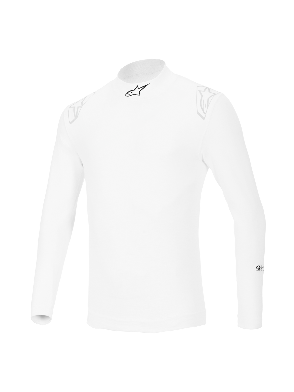 Haut à manches longues Alpinestars ZX Evo V3, sous-vêtement technique de course automobile blanc, conception résistante aux flammes avec logo étoile noir sur le col et logos blancs discrets sur les épaules, équipement de sport automobile professionnel