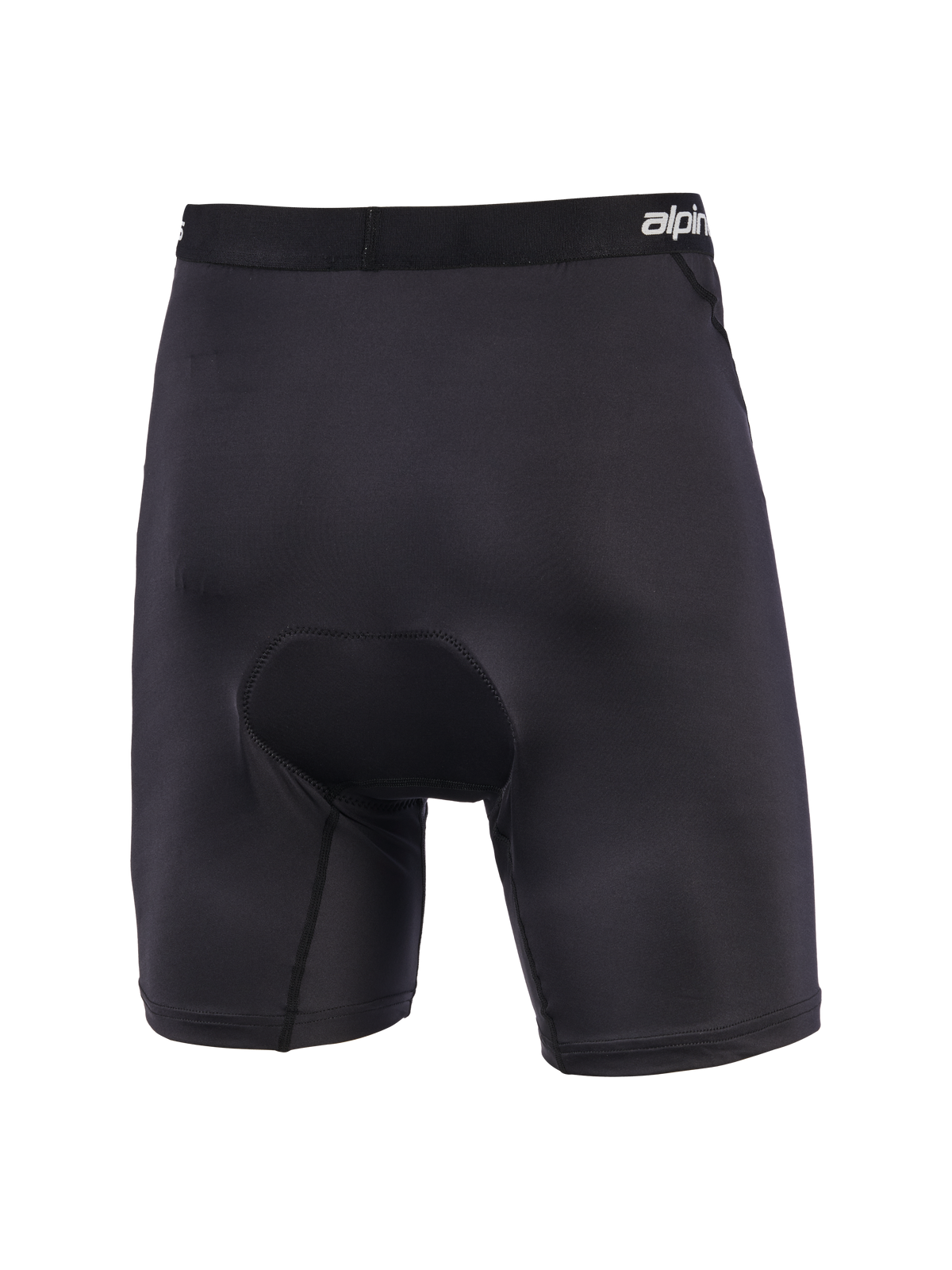 Alpinestars MX Boxer Padded, schwarze gepolsterte Motocross-Funktionsshorts, Rückansicht mit Chamois-Sitzpolsterung mit variabler Dichte, elastischer Bund mit Markenschriftzug, ergonomische Stretch-Konstruktion für hohen Tragekomfort beim Offroad-Fahren
