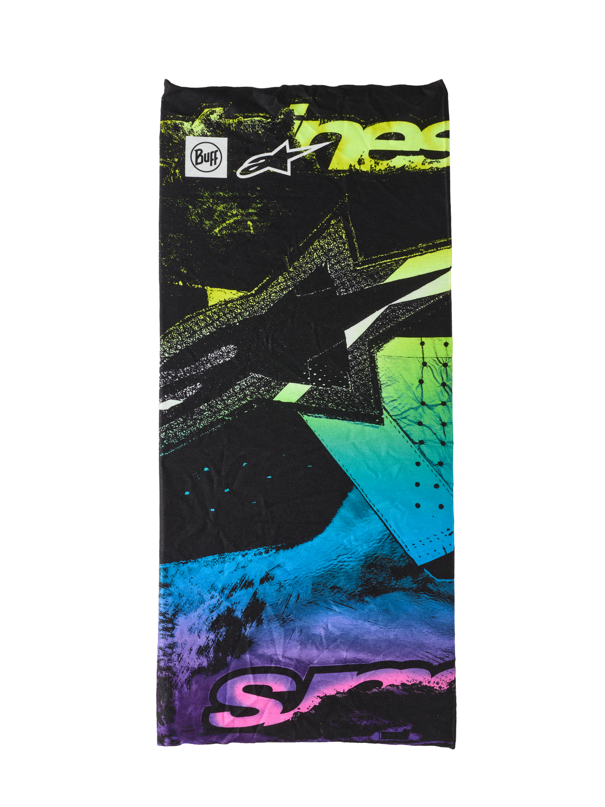 Alpinestars Buff Ignite Neck Tube, Schlauchtuch, Schwarz mit abstrakten Grafiken in fluoreszierendem Pink, Gelb, Blau und Lila, mit Alpinestars Stern-Logo und Buff-Branding, nahtloser, leichter Halsschutz zum Motorradfahren