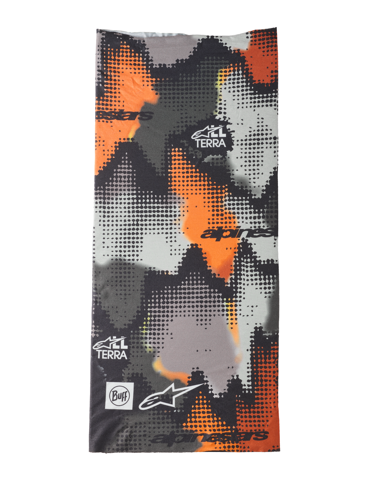 Alpinestars Buff Nazca Neck Tube, tour de cou moto, camouflage gris et orange fluo, motif camouflage à trame numérique, logos Alpinestars et Buff avec marquage All Terra, tissu extensible 4 directions sans couture pour la conduite par temps chaud