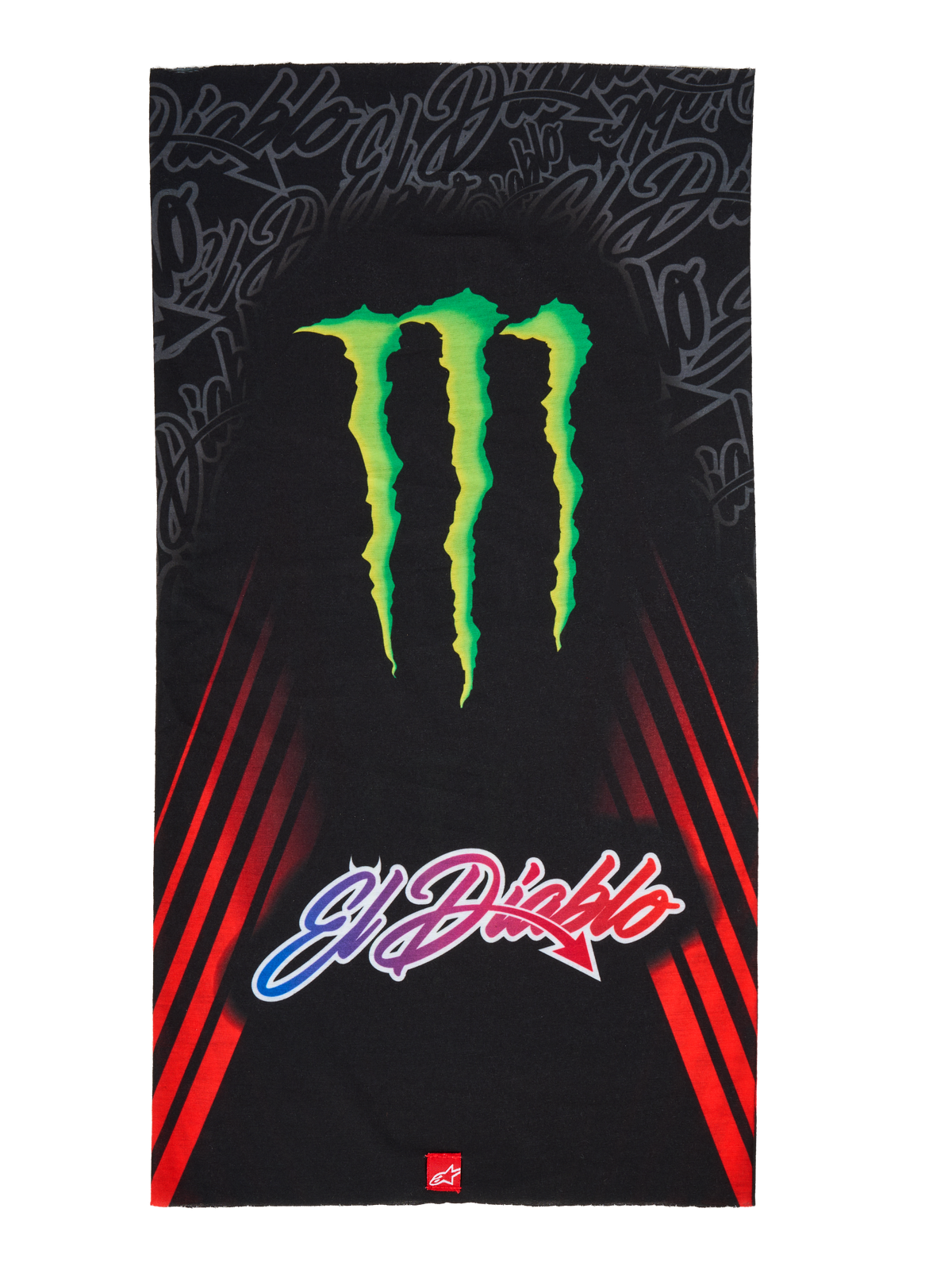 Alpinestars FQ20 Neck Tube Monster, motor nektube, zwart voorzien van een groot groen Monster Energy klauwlogo en 'El Diablo' tekst met kleurverloop, rode diagonale racestrepen aan de zijkanten, lichtgewicht textiel accessoire voor motorrijden in de lente en zomer