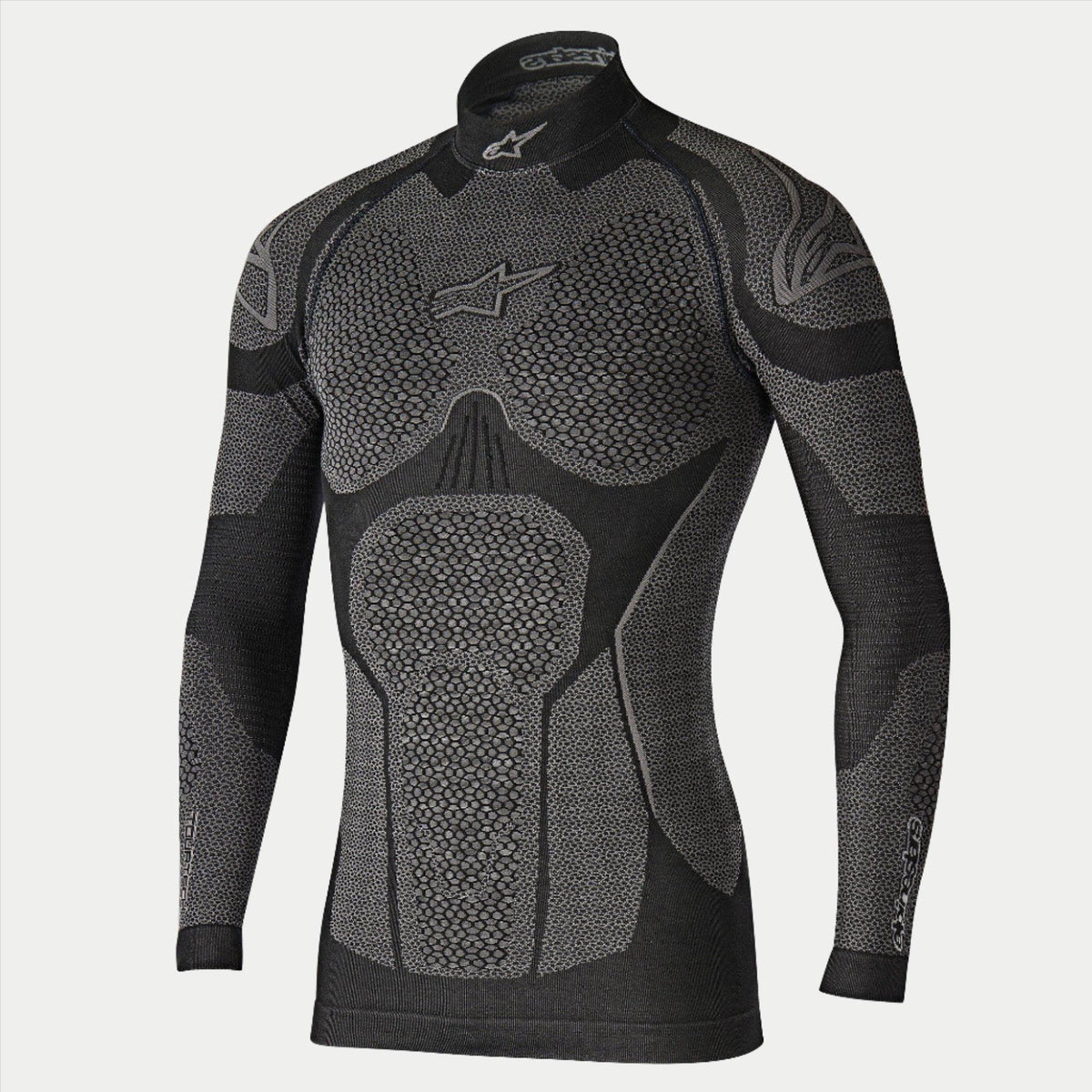 Alpinestars Ride Tech Top à manches longues Winter, sous-couche technique de moto, noir et gris, haut technique à manches longues avec panneaux texturés en nid d'abeille à double densité, coupe compressive, col montant avec logo Alpinestars blanc, sous-vêtement thermique de performance pour le froid