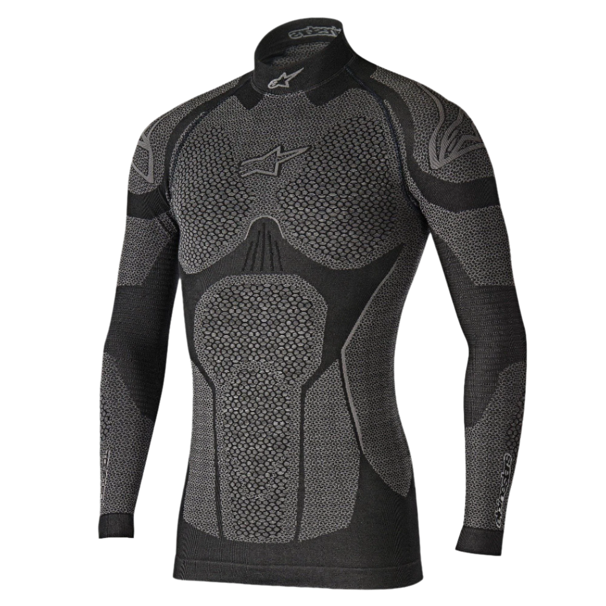 Alpinestars Ride Tech Top Long Sleeve Winter, couche de base technique, noir et gris, avec panneaux texturés en nid d'abeille, col montant et coupe compressive pour la conduite moto par temps froid