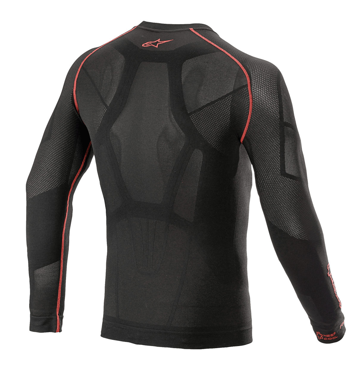 Alpinestars Ride Tech V2 Top Manches Longues Été, sous-couche technique moto, noir et rouge, vue de dos montrant une construction près du corps avec inserts en maille mesh, coutures plates rouges et logo Alpinestars rouge sur le col, haut technique pour climat chaud.