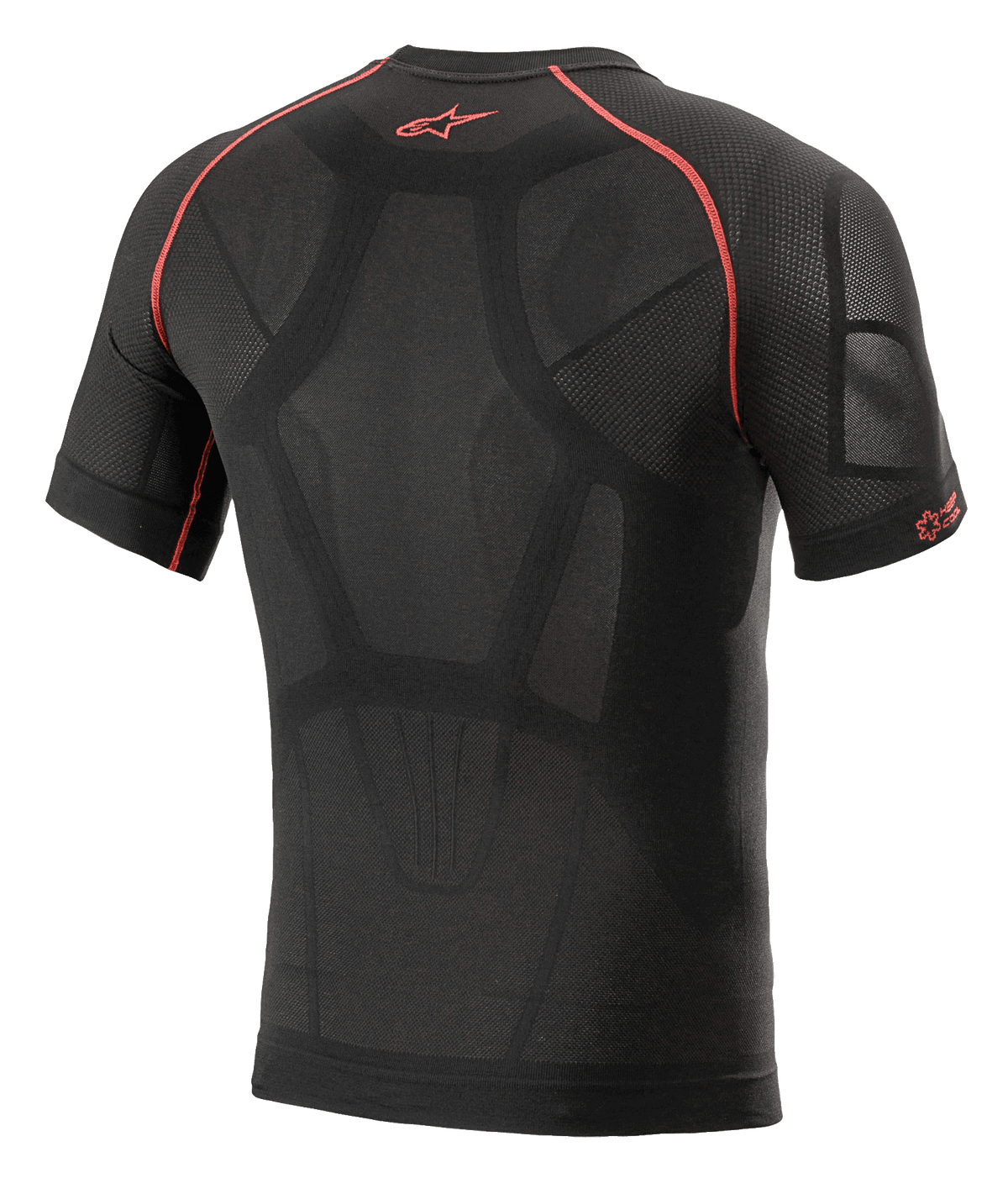 Alpinestars Ride Tech V2 Kurzarm-Oberteil Sommer, Motorrad-Funktionswäsche, Schwarz und Rot, Rückansicht mit körperbetonter Konstruktion, Mesh-Belüftungseinsätzen, roten Kontrastnähten und rotem Astars-Logo auf dem oberen Rücken