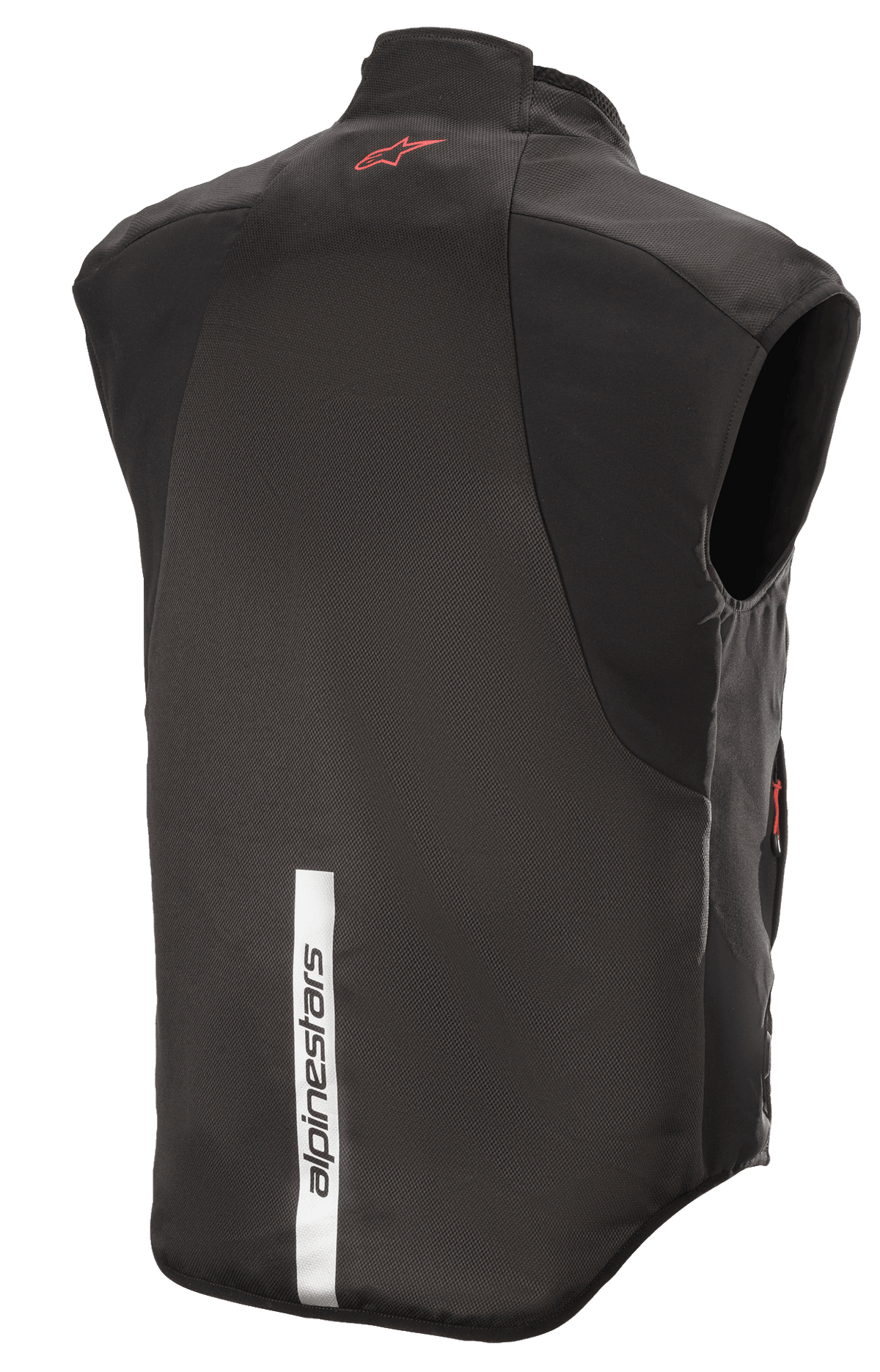 Alpinestars HT Heat Tech Weste, Schwarz, Rückansicht mit einem roten Astars-Logo auf dem oberen Rücken und einem vertikalen reflektierenden weißen Streifen mit Alpinestars-Schriftzug auf dem unteren Rücken, beheizbarer Motorrad-Base-Layer