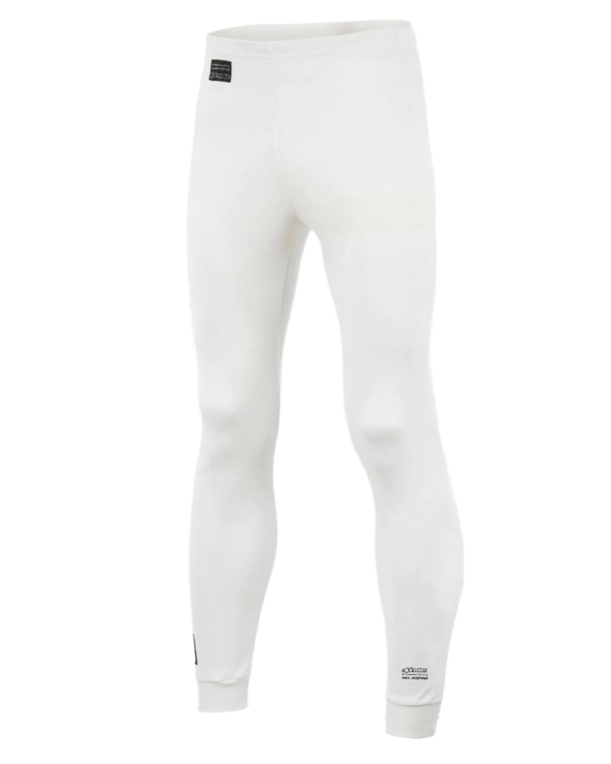Alpinestars Race Bottom FIA, autosport onderkleding broek, wit met zwarte logopatches, lichtgewicht en vlamvertragend textiel, ontworpen om onder een racepak te dragen
