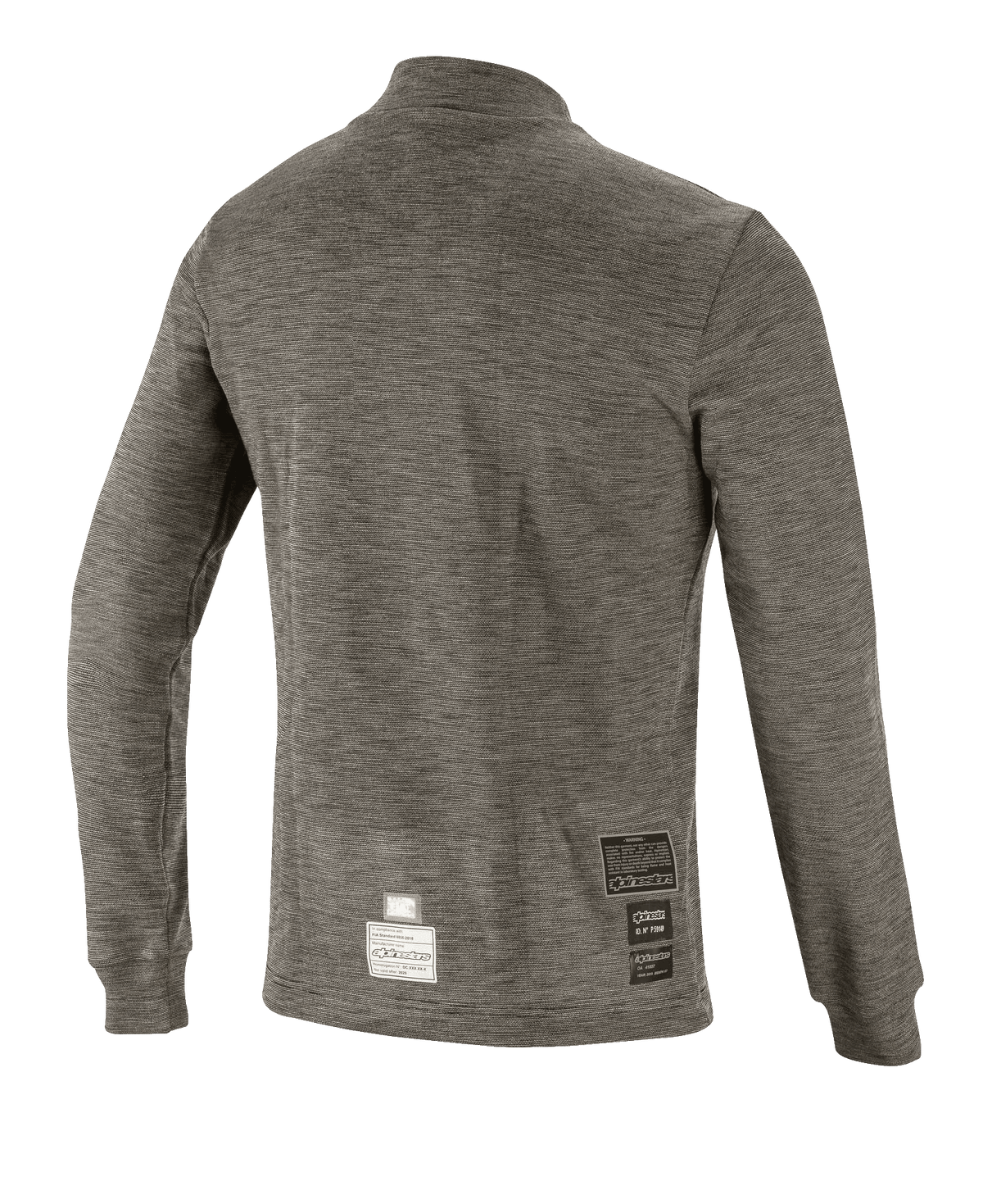Haut à manches longues Alpinestars Race V3, couche de base technique, gris Anthracite Melange, vue arrière montrant le tissu texturé ignifuge et les étiquettes d'homologation FIA sur l'ourlet inférieur, équipement de performance pour le sport automobile