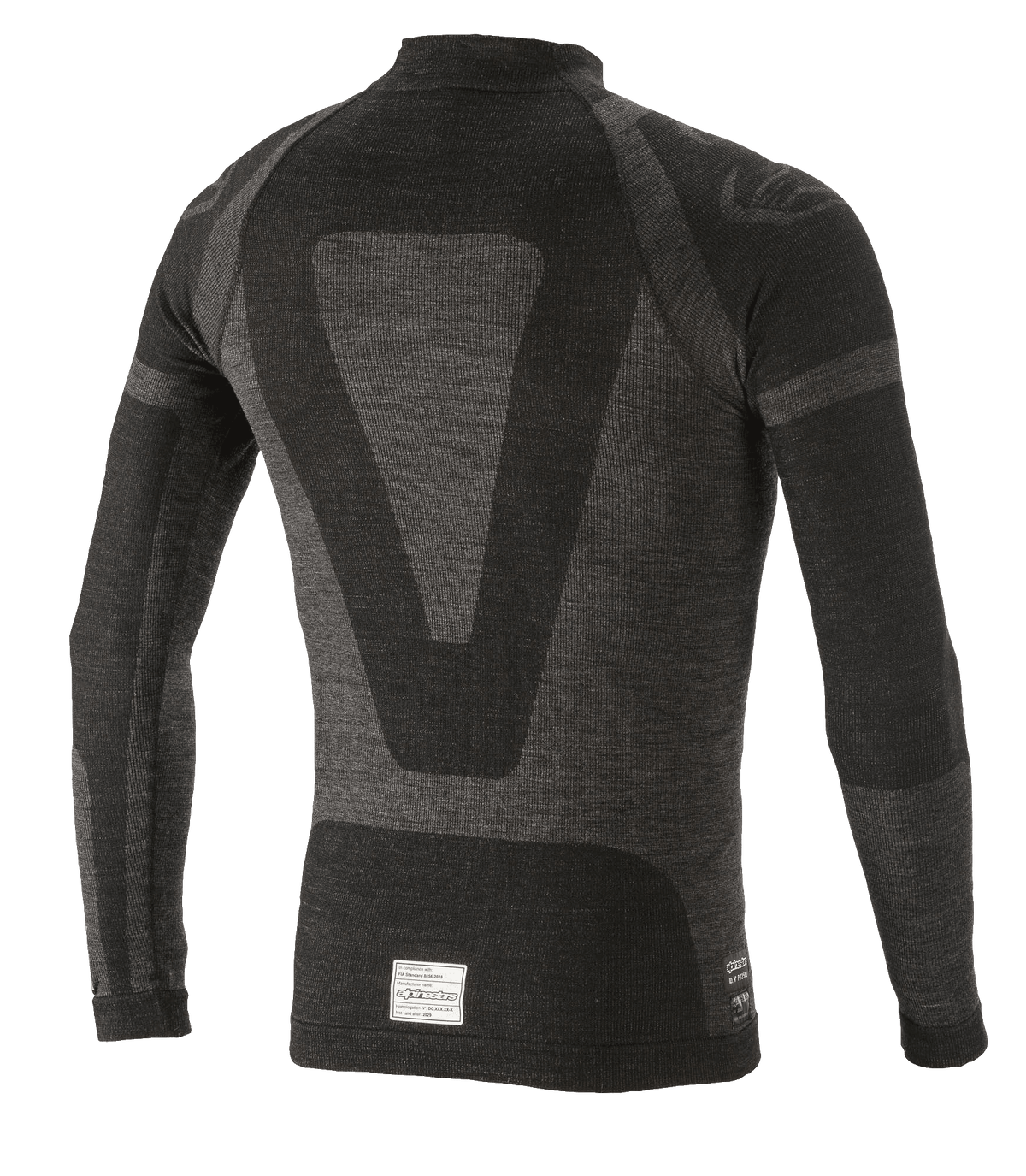 Haut à manches longues Alpinestars ZX Evo V2, sous-vêtement technique pour la course automobile, noir et gris, vue de dos présentant un motif jacquard technique, une construction tubulaire sans couture et une étiquette de certification FIA/SFI à l'ourlet