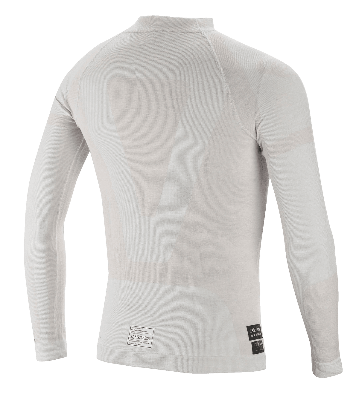 Alpinestars ZX Evo V2 Long Sleeve Top, Auto Racing Base Layer, White Gray, back view featuring lightweight seamless tubular construction and FIA certification labels at the bottom hem