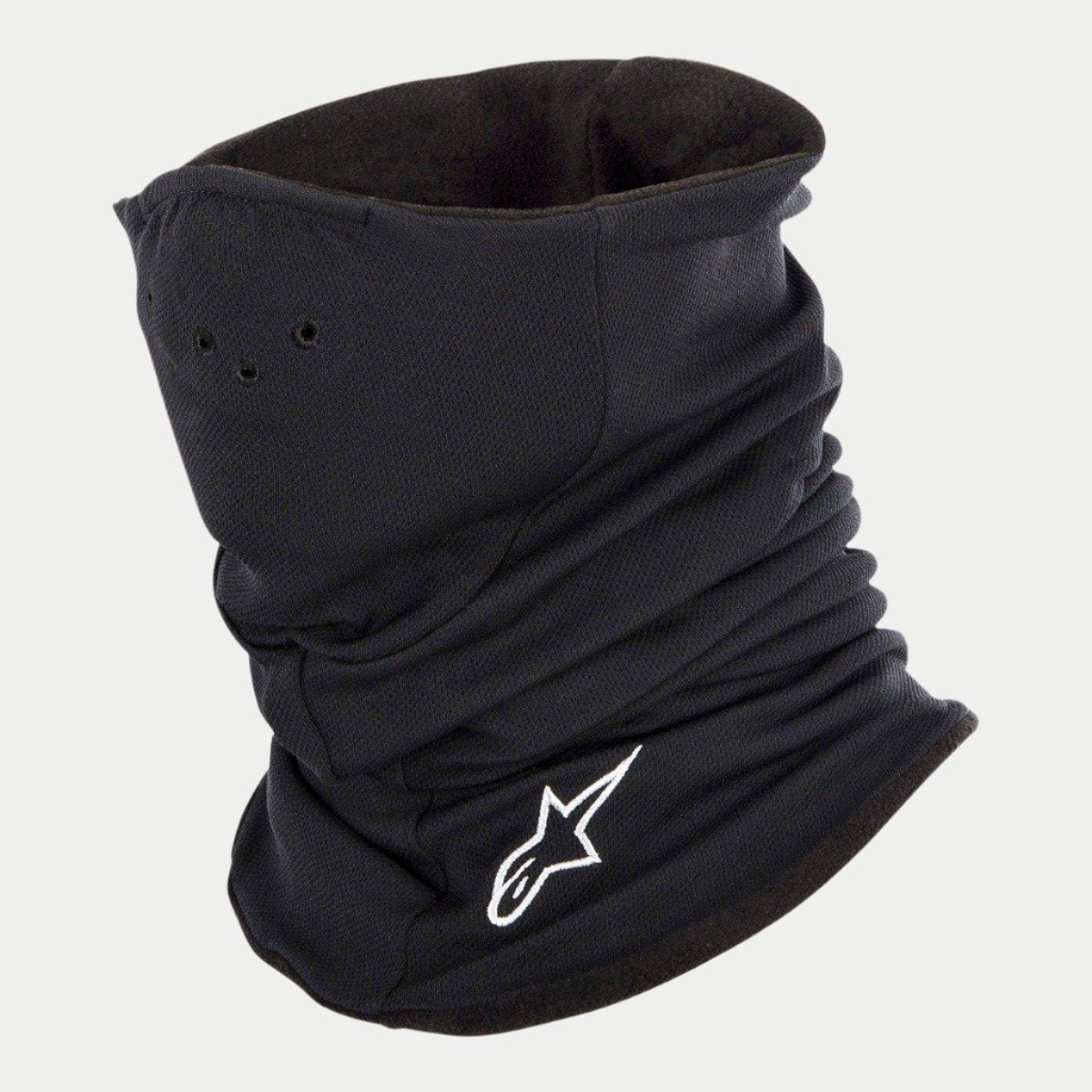 Alpinestars Tech Neck Warmer, noir, cache-cou de moto avec doublure en polaire, logo Alpinestars blanc brodé, petits trous d'aération pour la respirabilité, et construction élastiquée pour la protection contre le vent