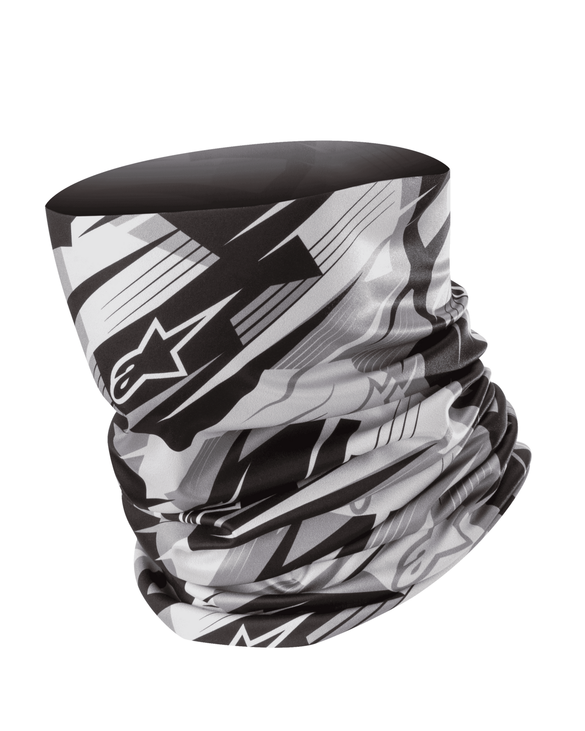 Alpinestars Neck Tube, motorcycle neck gaiter, Black and Gray, blurred geometric pattern with Alpinestars star logo, lightweight silky fabric, seamless base layer for wind protection
