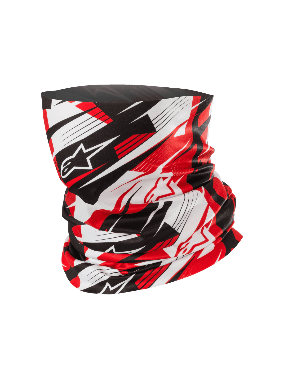 Alpinestars Neck Tube, nekwarmer voor motorrijders, rood zwart en wit, dynamisch abstract patroon met vervaagde lijnen en sterlogo's, lichtgewicht zijdezachte stof, accessoire voor motorrijden en outdooractiviteiten