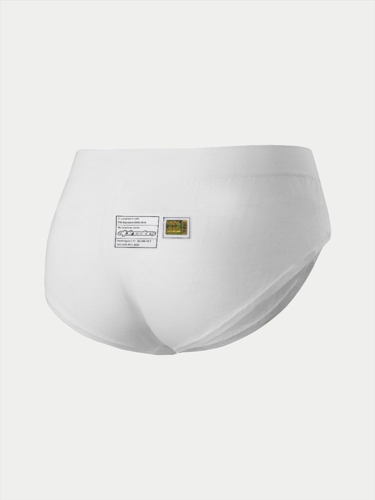 Alpinestars Stella TECH ZX Slip, dames race-ondergoed, wit, achteraanzicht met FIA 8856-2018 certificeringslabels en Alpinestars-branding, lichtgewicht en vlamwerende basislaag voor de autosport