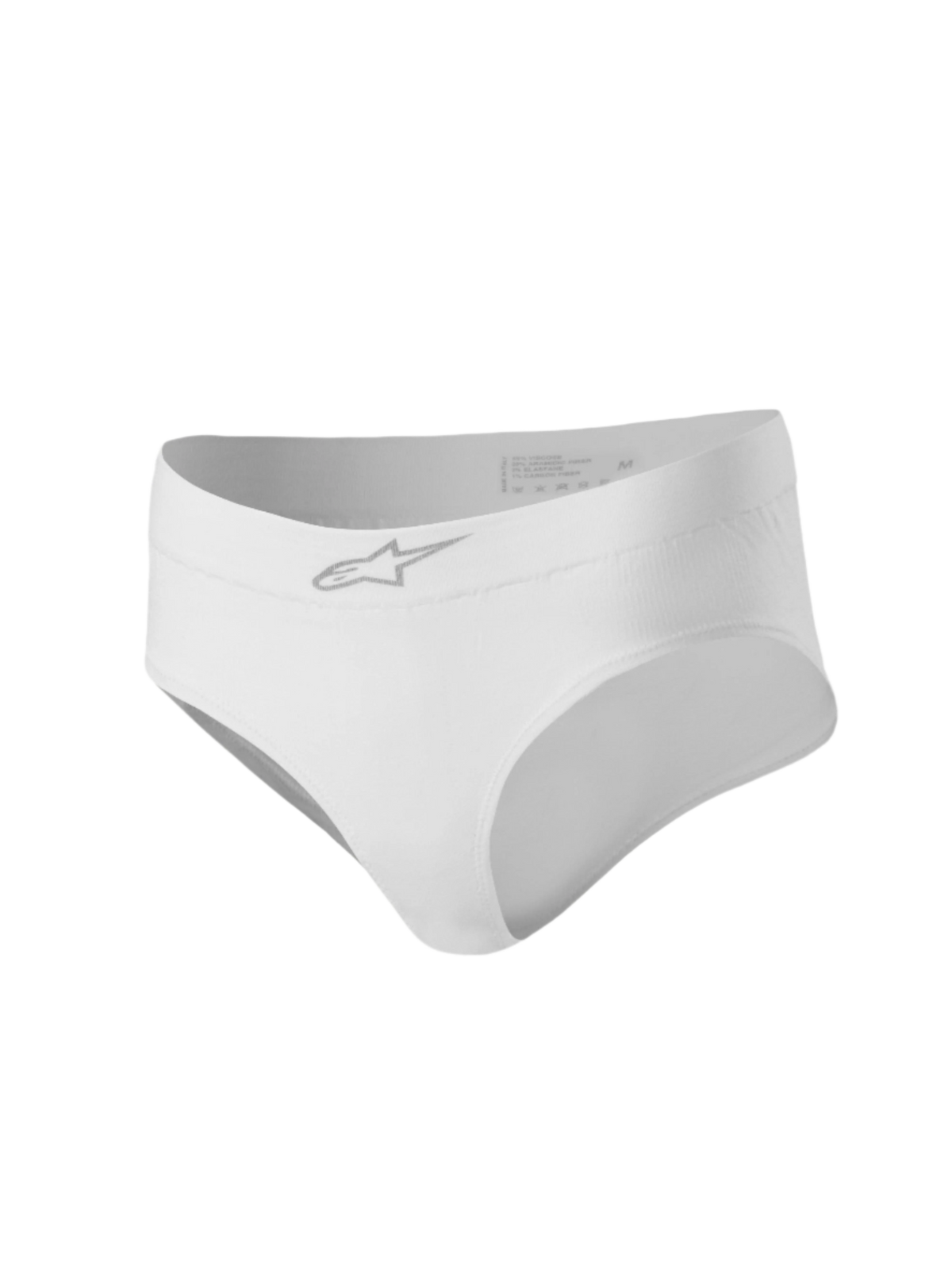 Alpinestars Stella TECH ZX Briefs, dames race-ondergoed, wit, hoog uitgesneden ontwerp met een zilveren Astars-logo op de tailleband, vlamwerende FIA 8856-2018 gecertificeerde basislaag voor autoracen