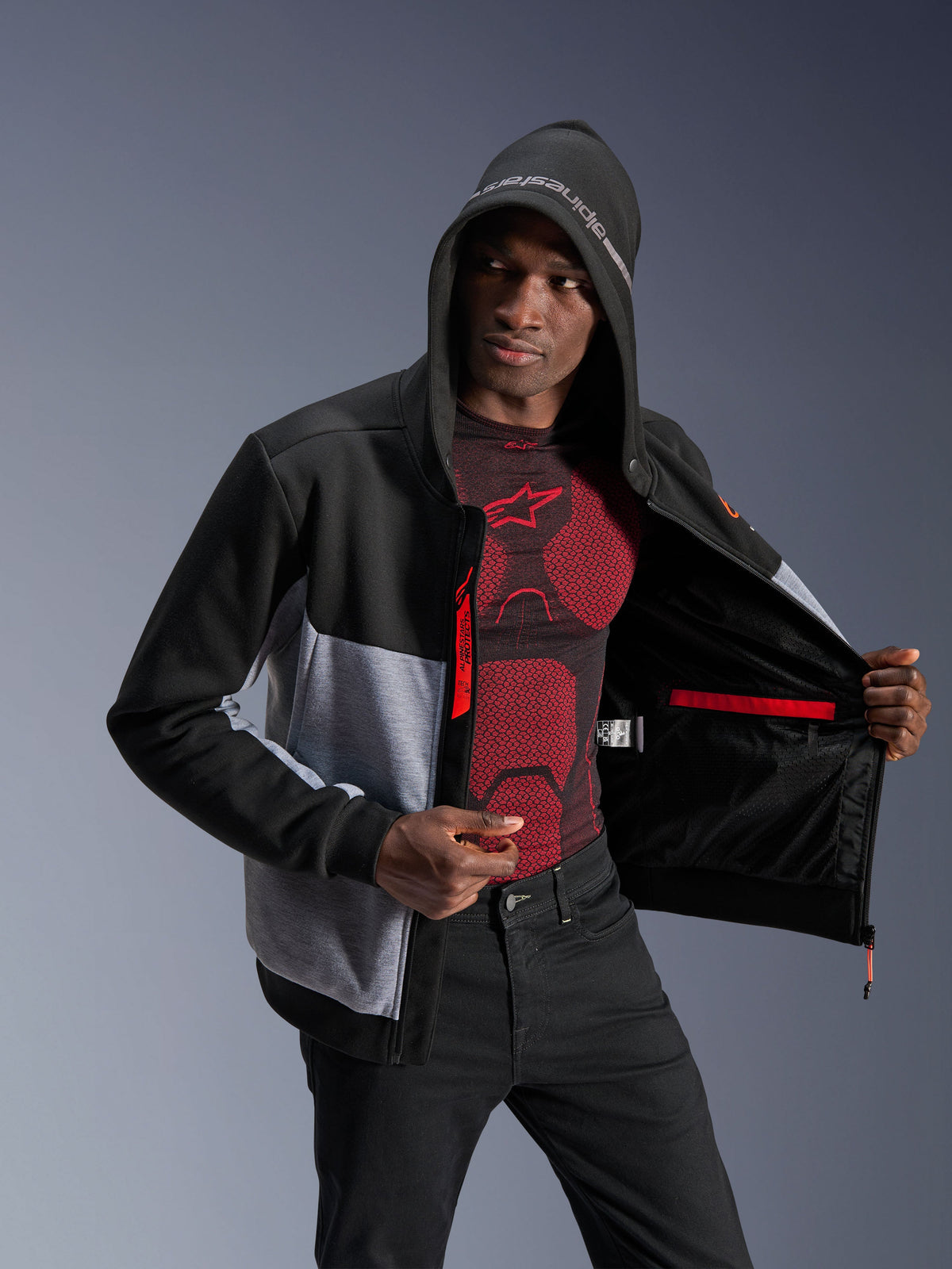 Alpinestars Chrome V2 Sport Hoodie, urban motorcycle jacket for men, black and gray heather with red accents.