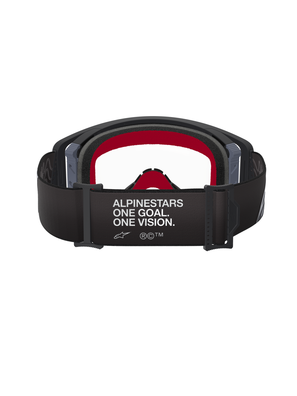 Alpinestars Supertech Corp Goggles, zwart en grijs, achteraanzicht met brede zwarte band met witte tekst 'ALPINESTARS ONE GOAL. ONE VISION.', rood gezichtsschuim aan de binnenkant en heldere lens, hoogwaardige motorcrossbril