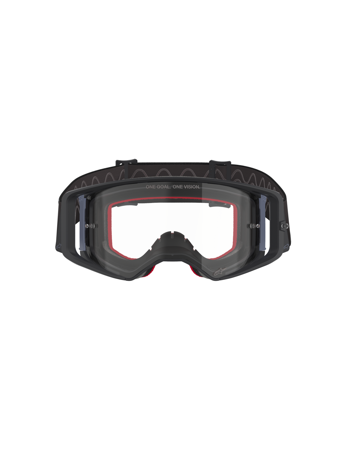 Alpinestars Supertech Corp Goggles, motorcrossbril, zwart en grijs met heldere lens, vooraanzicht met rood schuim aan de binnenkant en brede zwarte verstelbare band, hoogwaardige off-road bril