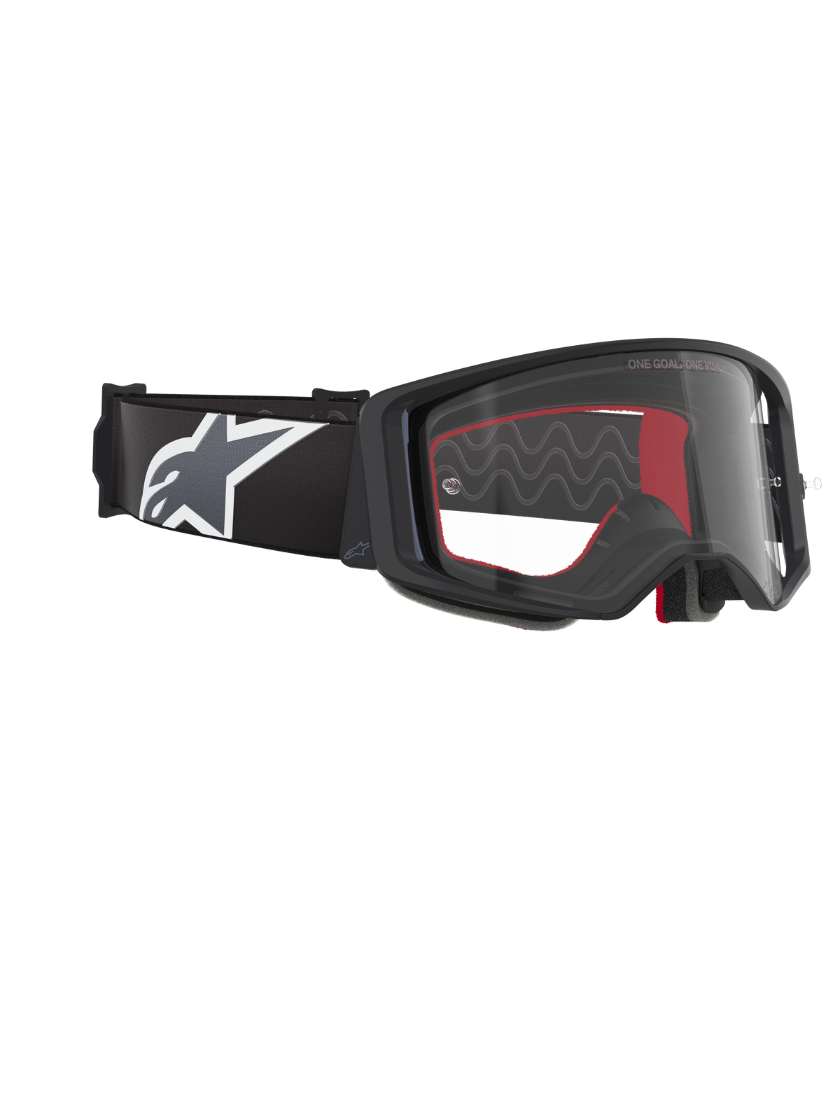 Alpinestars Supertech Corp Goggles, motorcrossbril, zwart grijs helder, met een heldere polycarbonaat lens, brede zwarte band met een grijs en wit Astars-logo, 3D-gevormd gezichtsschuim, hoogwaardige beschermende bril voor off-road racen