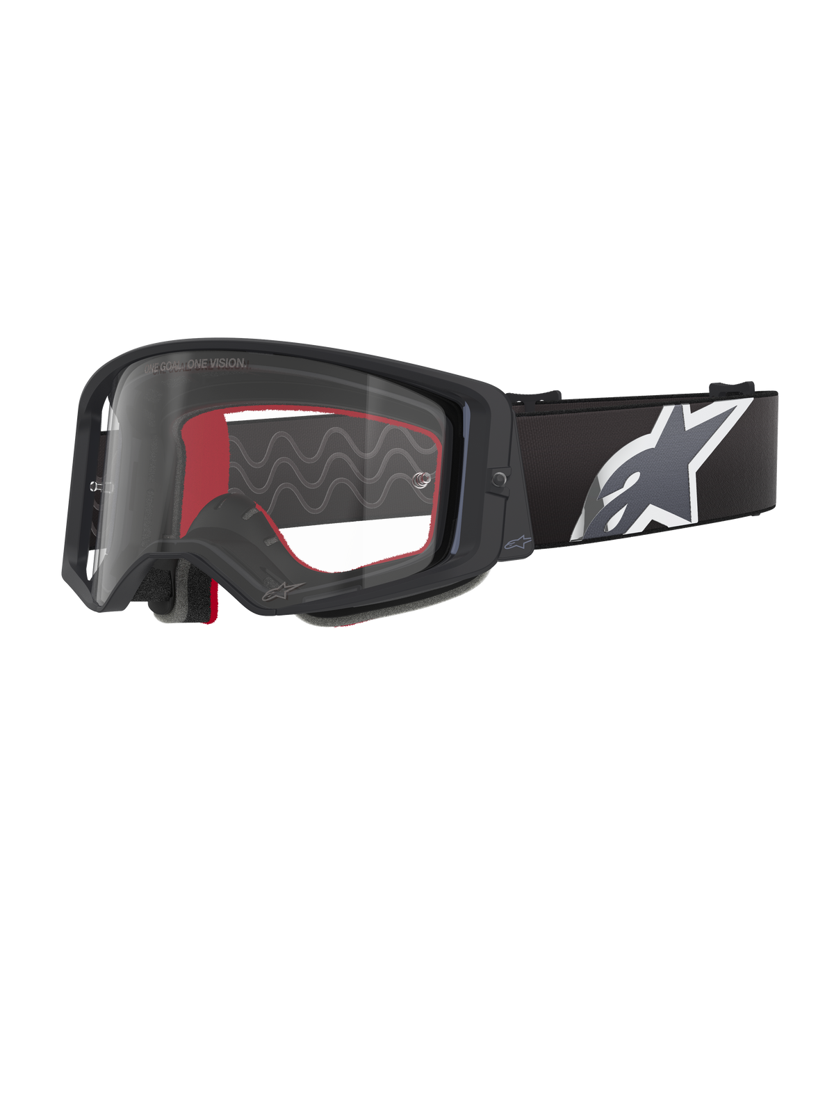 Alpinestars Supertech Corp Goggles, motorcrossbril, zwart, grijs en helder, heldere polycarbonaat lens met zwart frame, rood gezichtsschuim aan de binnenzijde, brede verstelbare band met groot wit en grijs Astars-logo, beschermende off-road bril