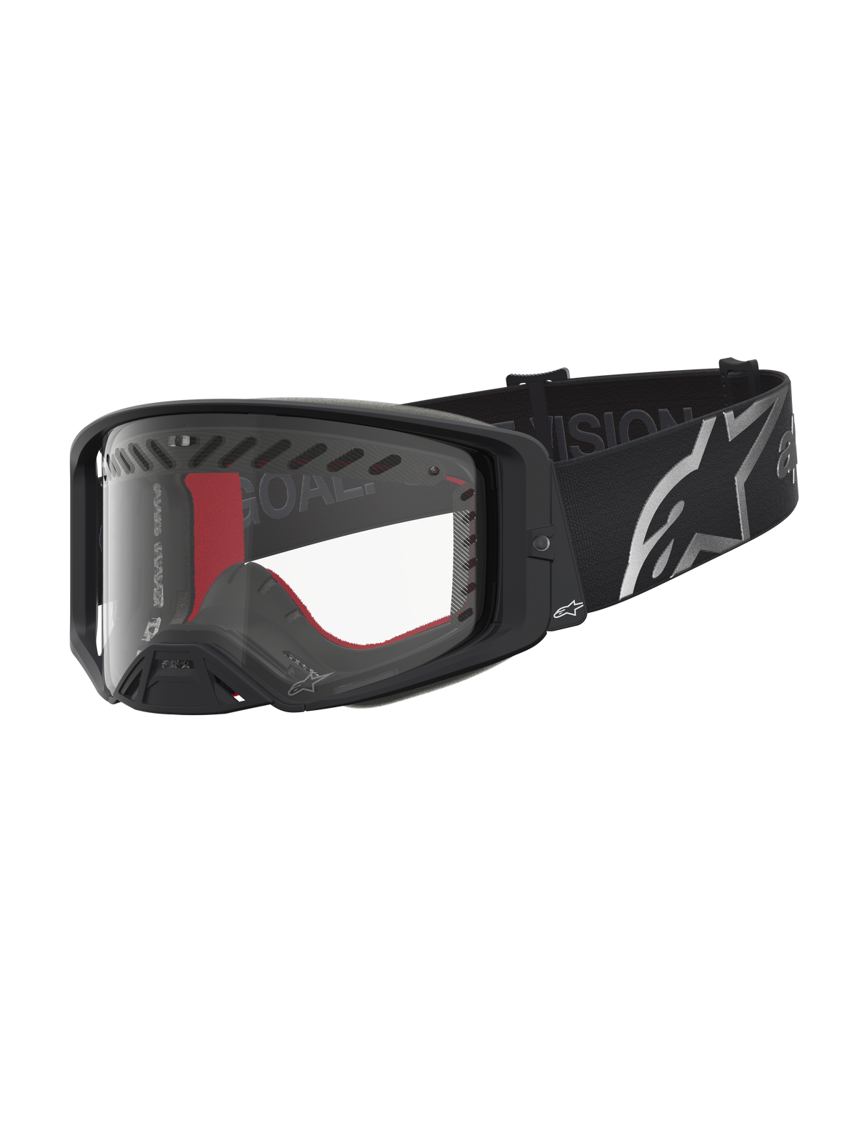 Alpinestars Masque Supertech Dura Air Fluid, masque de motocross noir et argenté, lentille claire et large bandeau à logo.