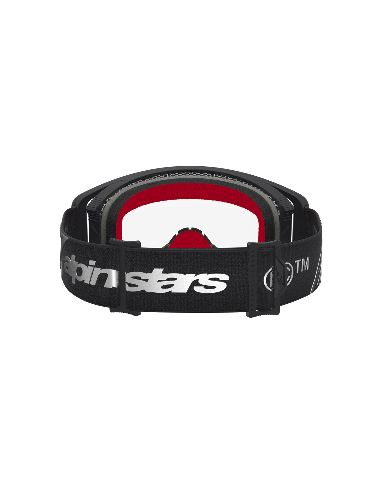 Masque Alpinestars Supertech Dura Air Fluid pour motocross, noir et argenté avec lentille claire et rembourrage rouge