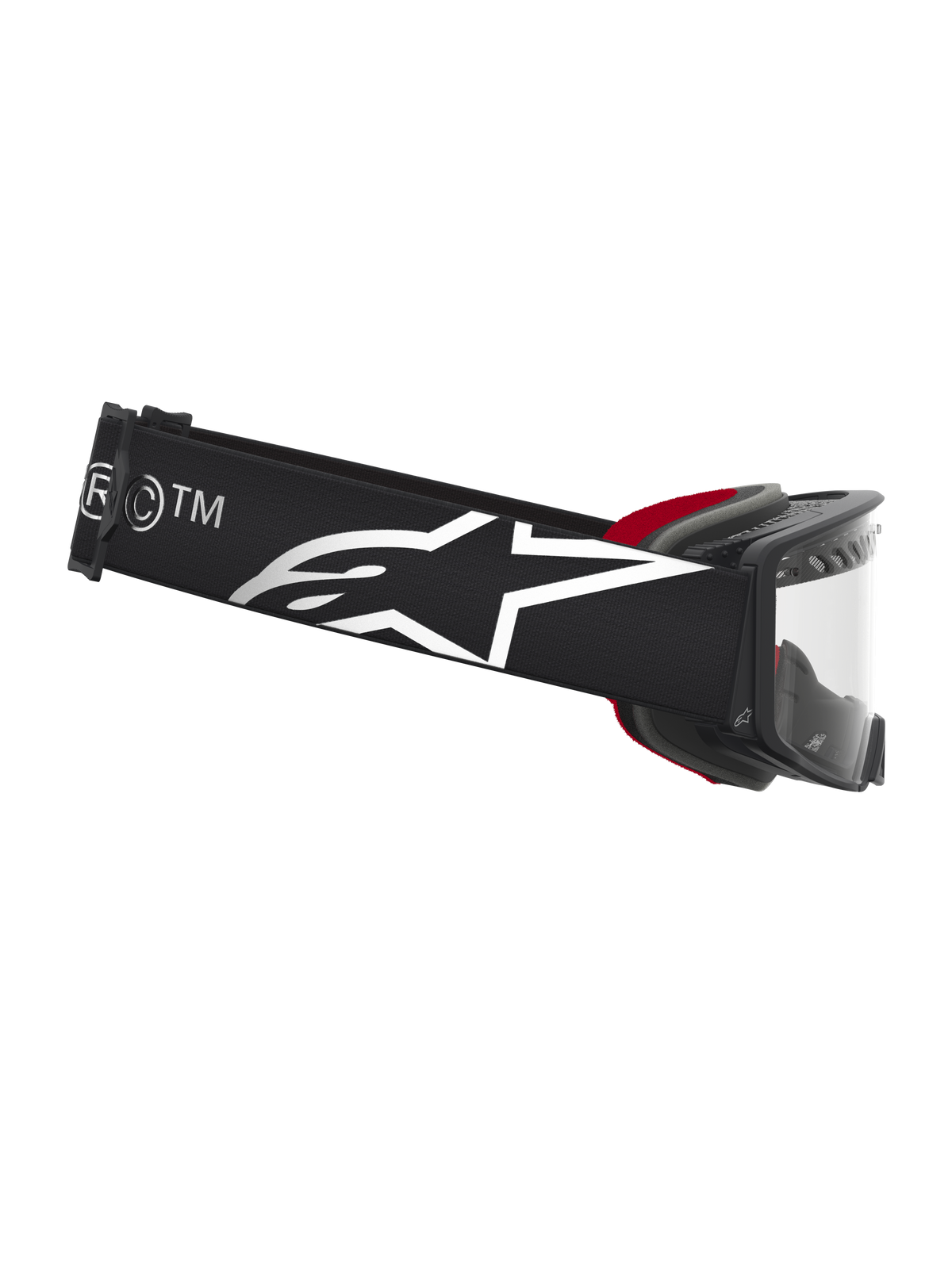 Alpinestars Supertech Dura Air Fluid, masque de motocross pour course tout-terrain, noir et argenté, lentille transparente et bandeau large avec logo de la marque