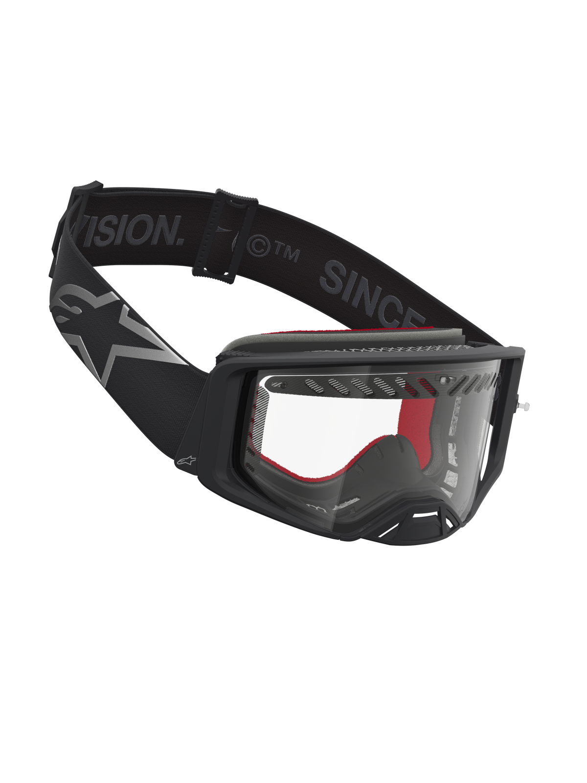 Alpinestars Supertech Dura Air Fluid, masque de motocross noir et argenté avec lentille claire en polycarbonate.