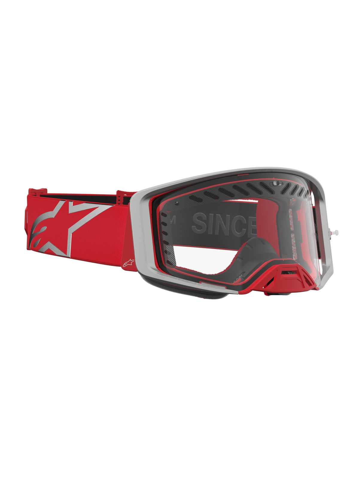 Alpinestars Supertech Dura Air Fluid, masque de motocross rouge et argenté, lentille transparente et ventilation avancée.