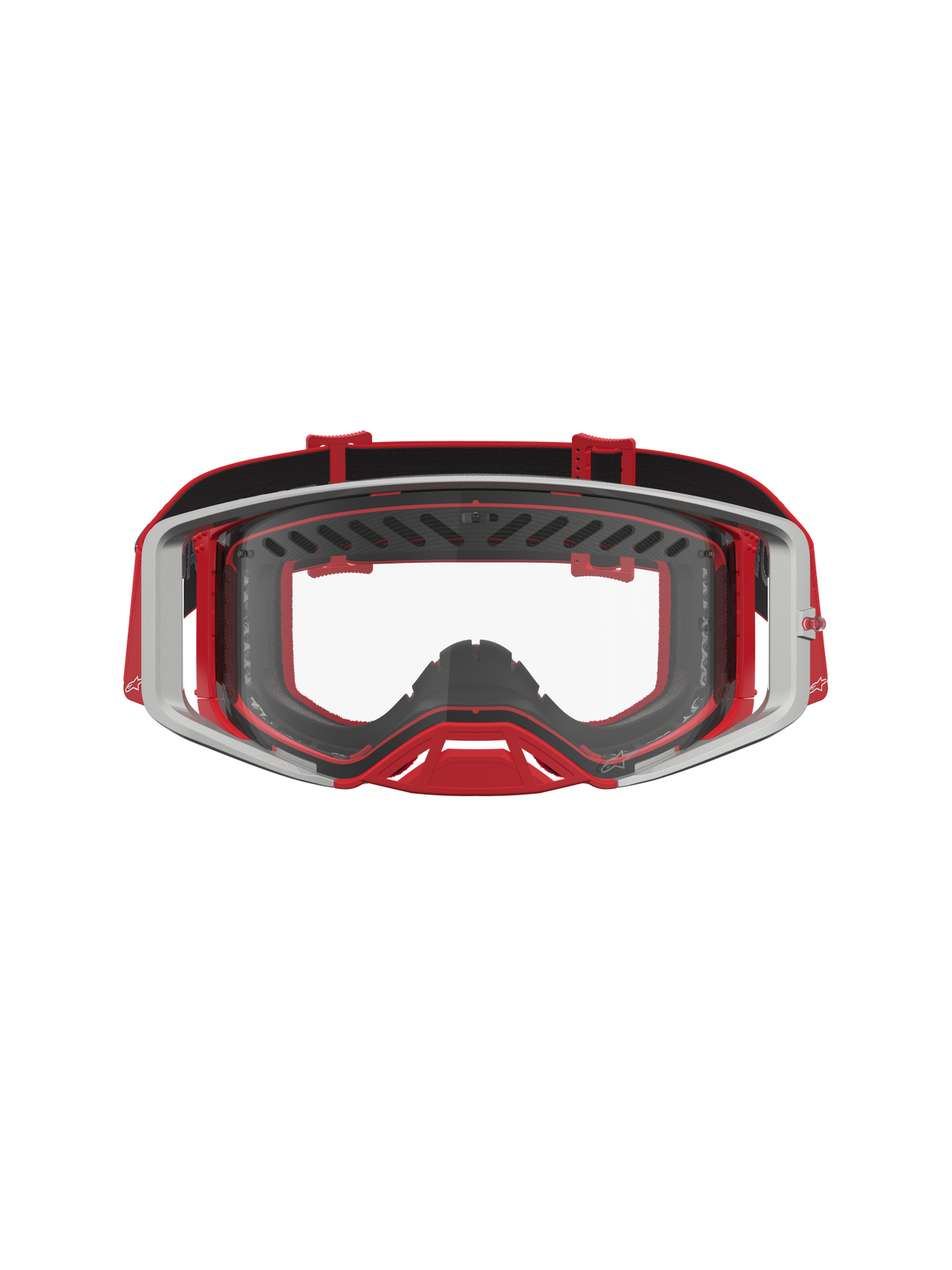 Masque Alpinestars Supertech Dura Air Fluid, masque de motocross professionnel rouge et argenté avec lentille claire en polycarbonate