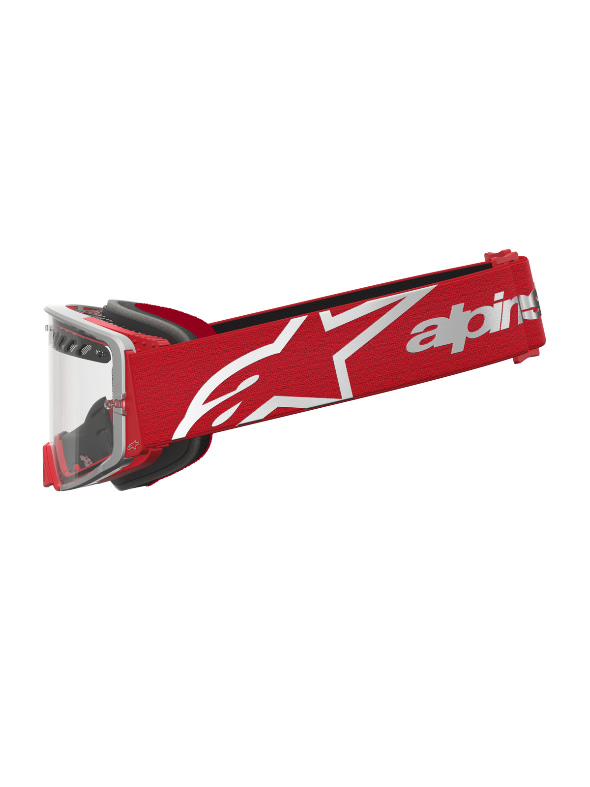 Alpinestars Supertech Dura Air Fluid, masque de motocross rouge et argenté, lentille claire et sangle à logo blanc