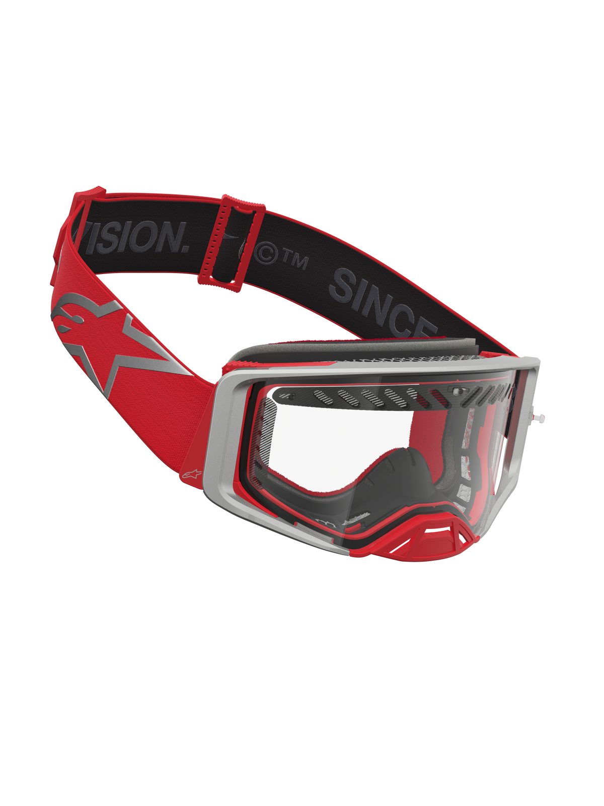 Masque Alpinestars Supertech Dura Air Fluid, masque de motocross rouge et argenté avec écran clair et cadre ventilé.