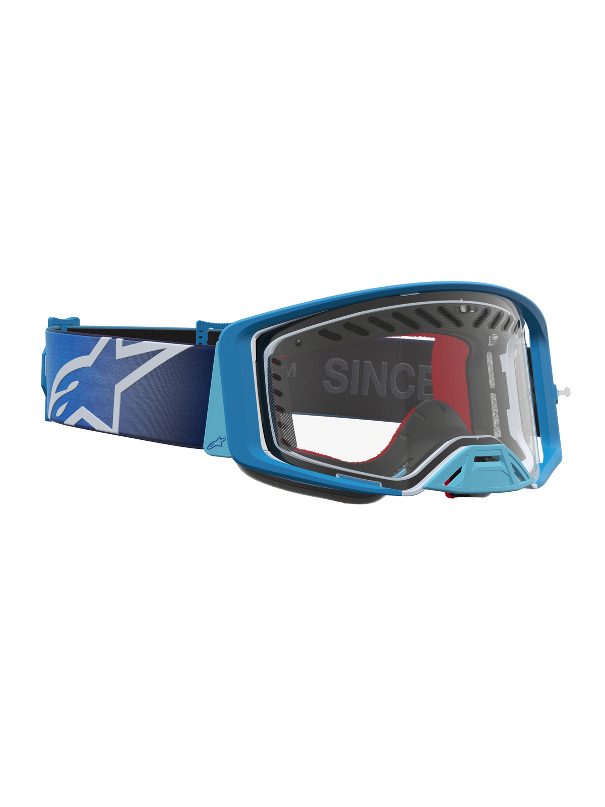 Alpinestars Masque Supertech Dura Air Fluid, masque de motocross tout-terrain, bleu dégradé et argenté, lentille claire, monture ventilée pour performance off-road