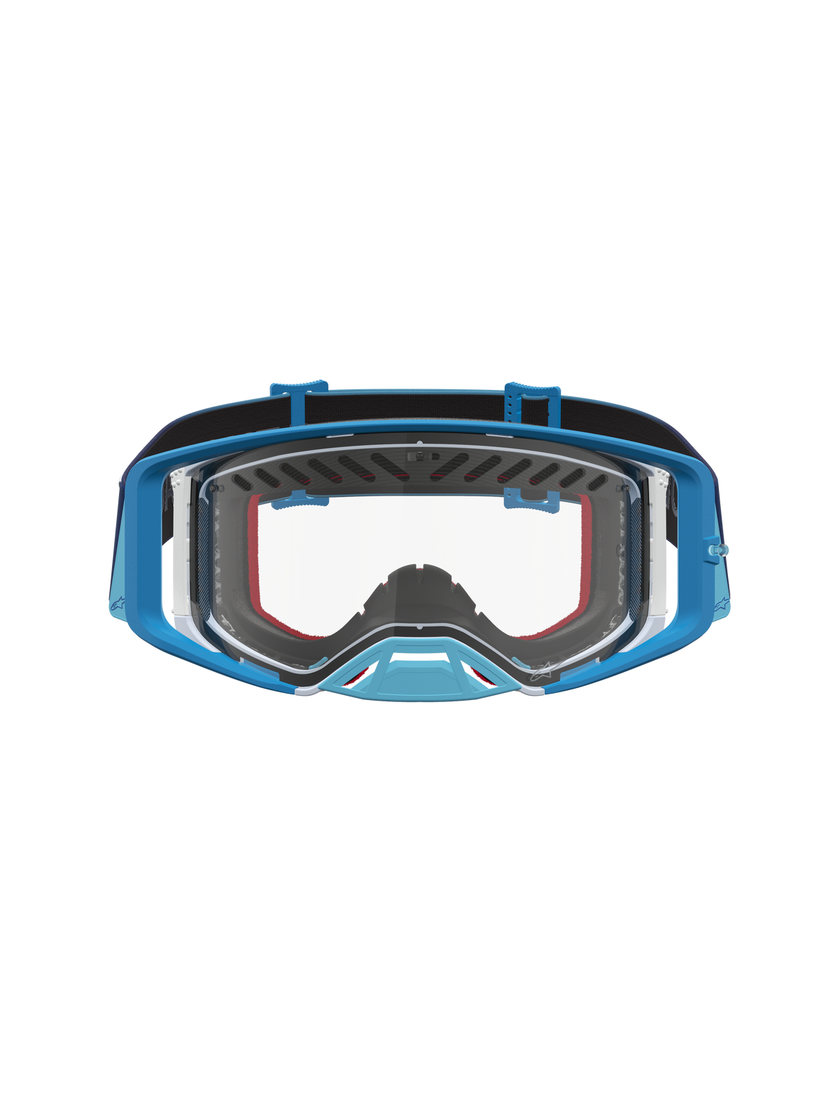 Alpinestars Supertech Dura Air Fluid veiligheidsbril voor motocross, blauw en grijs met heldere lens en ventilatie.