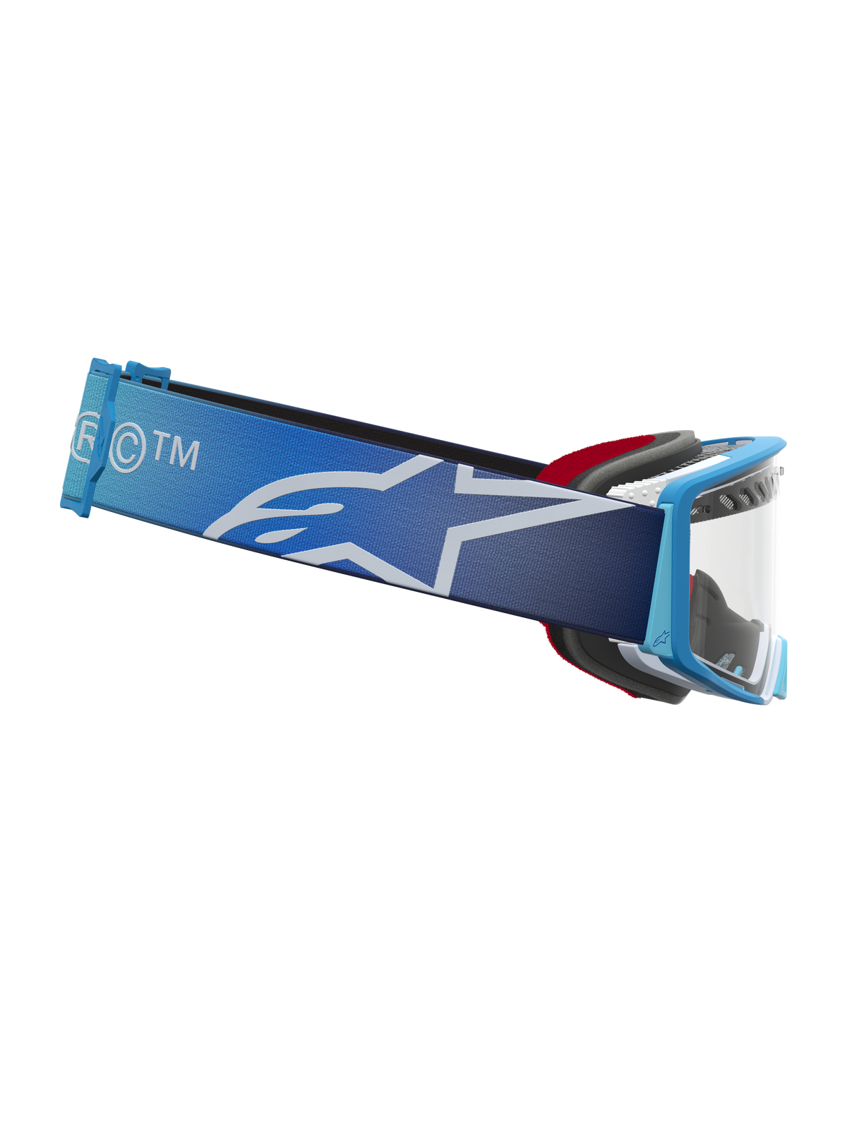 Masque Alpinestars Supertech Dura Air Fluid, masque de motocross avec lentille transparente, bleu dégradé et blanc, large bandeau avec logo étoile, équipement de protection off-road